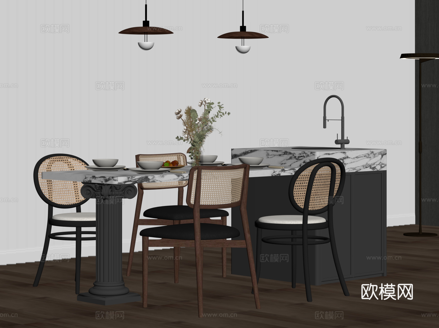 法式复古风岛台 餐桌椅su模型