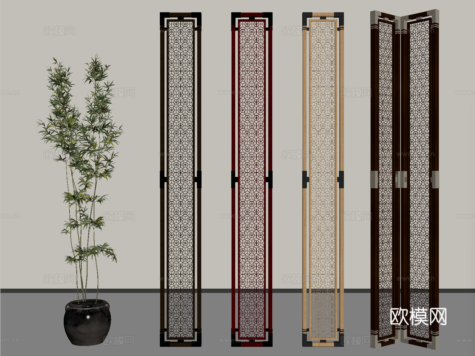新中式轻奢屏风隔断 花格屏风 隔断金属su模型