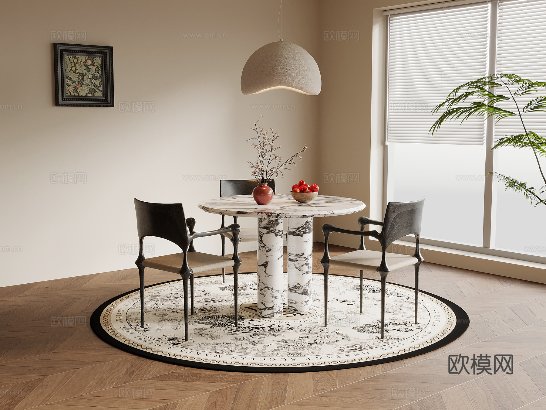 法式复古风餐桌椅 圆形餐桌椅su模型