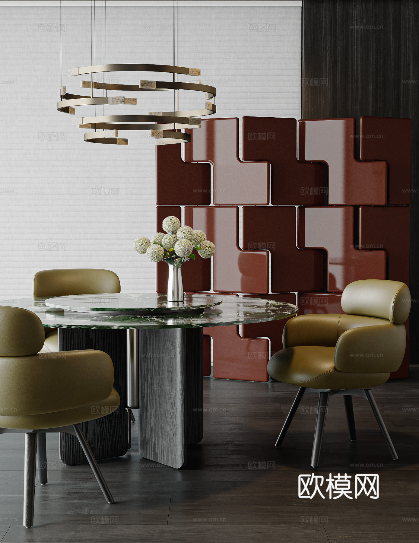 MINOTTI 现代餐桌椅 圆形餐桌椅 意式餐厅 屏风 吊灯su模型