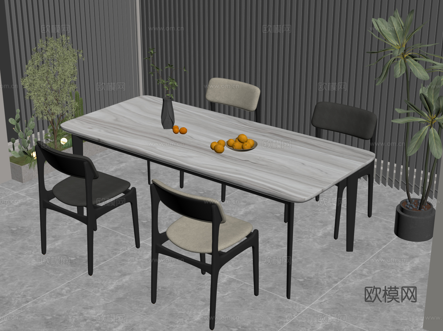 现代餐桌椅 条形餐桌su模型