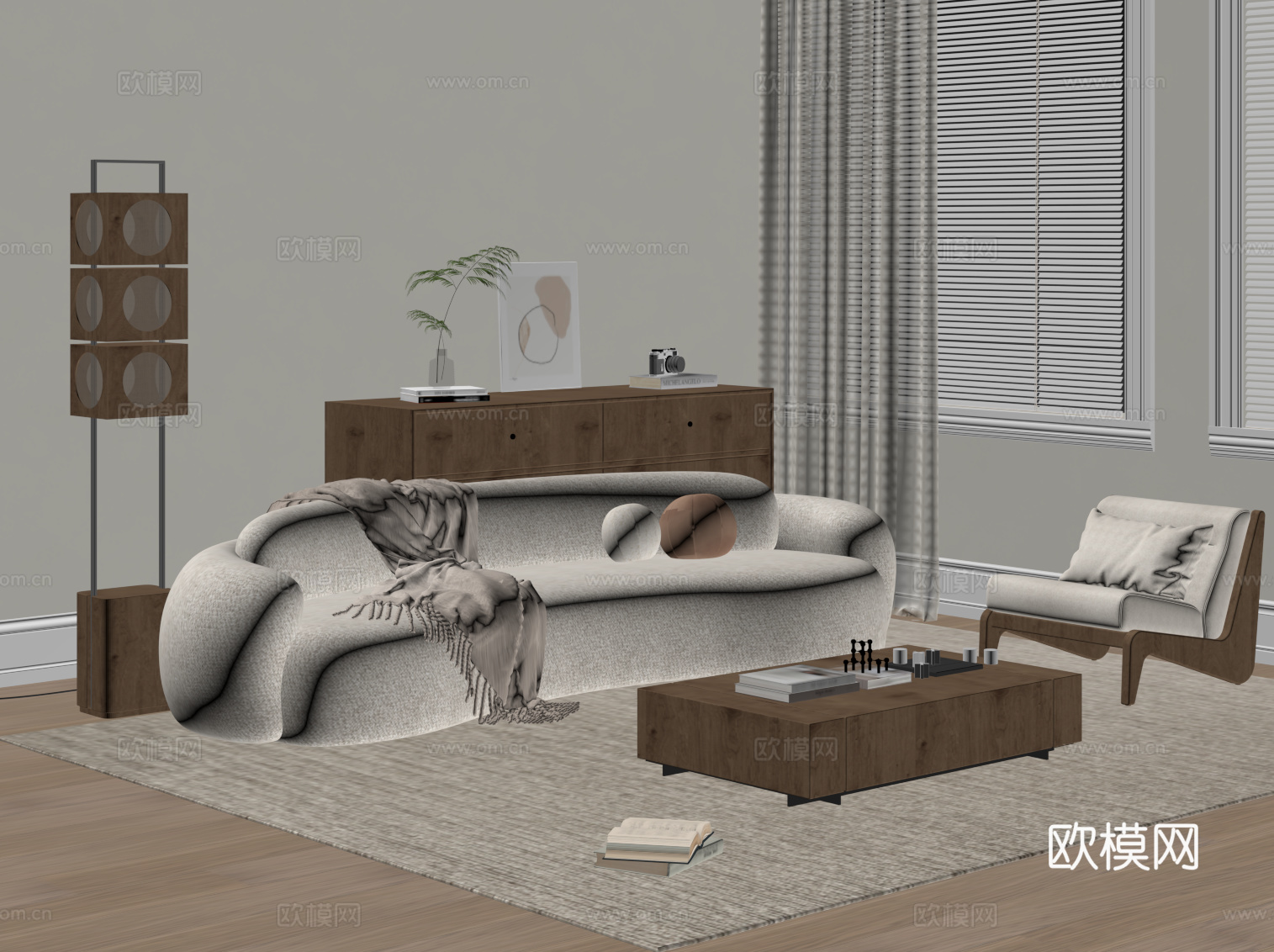 中古风客厅 沙发茶几组合 边柜su模型