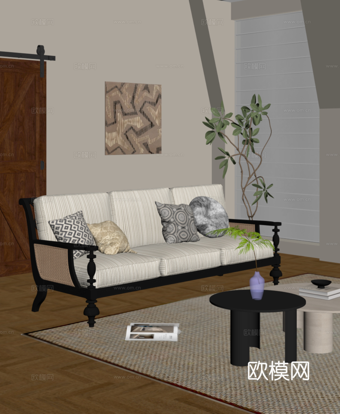 法式复古风多人沙发 直排沙发su模型