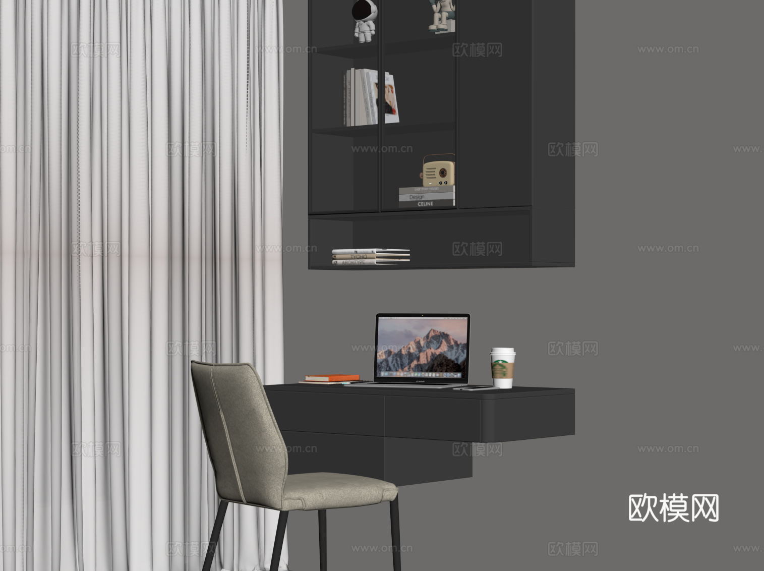 现代书桌椅 壁挂式书柜su模型