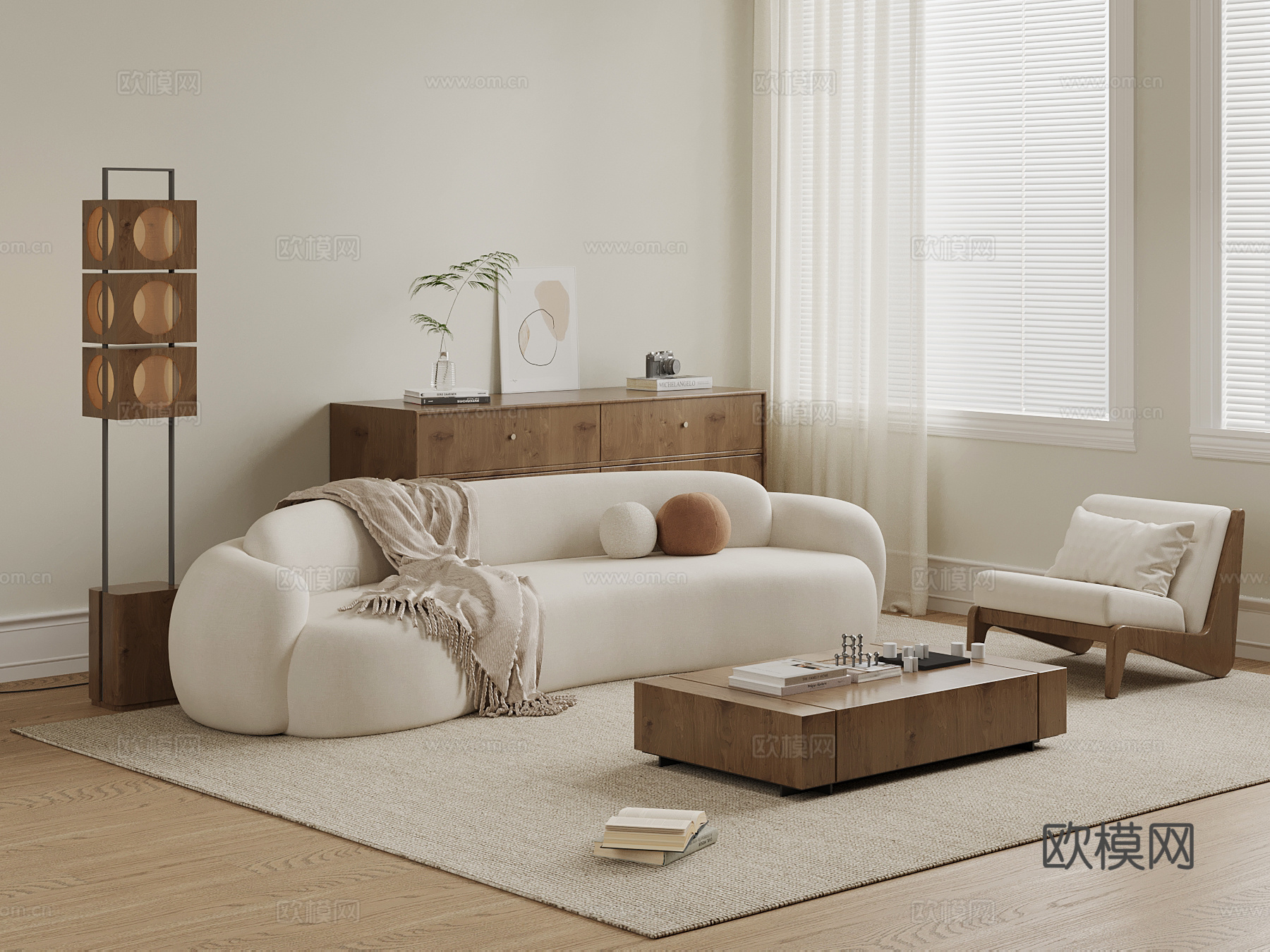 中古风客厅 沙发茶几组合 边柜su模型