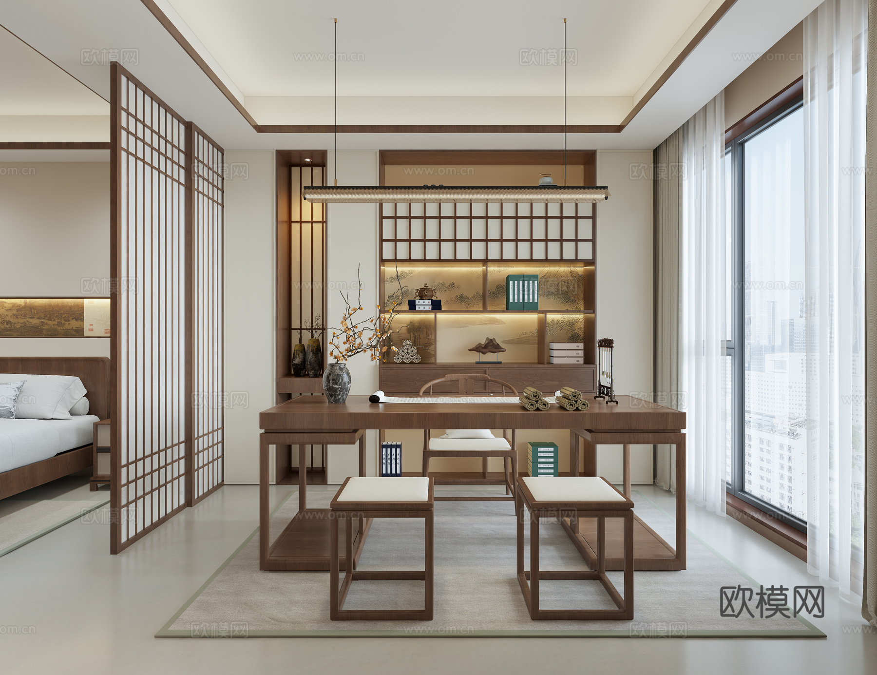 新中式宋氏客餐厅   电视背景    沙发背景    书房3d模型下载（渲染图3）