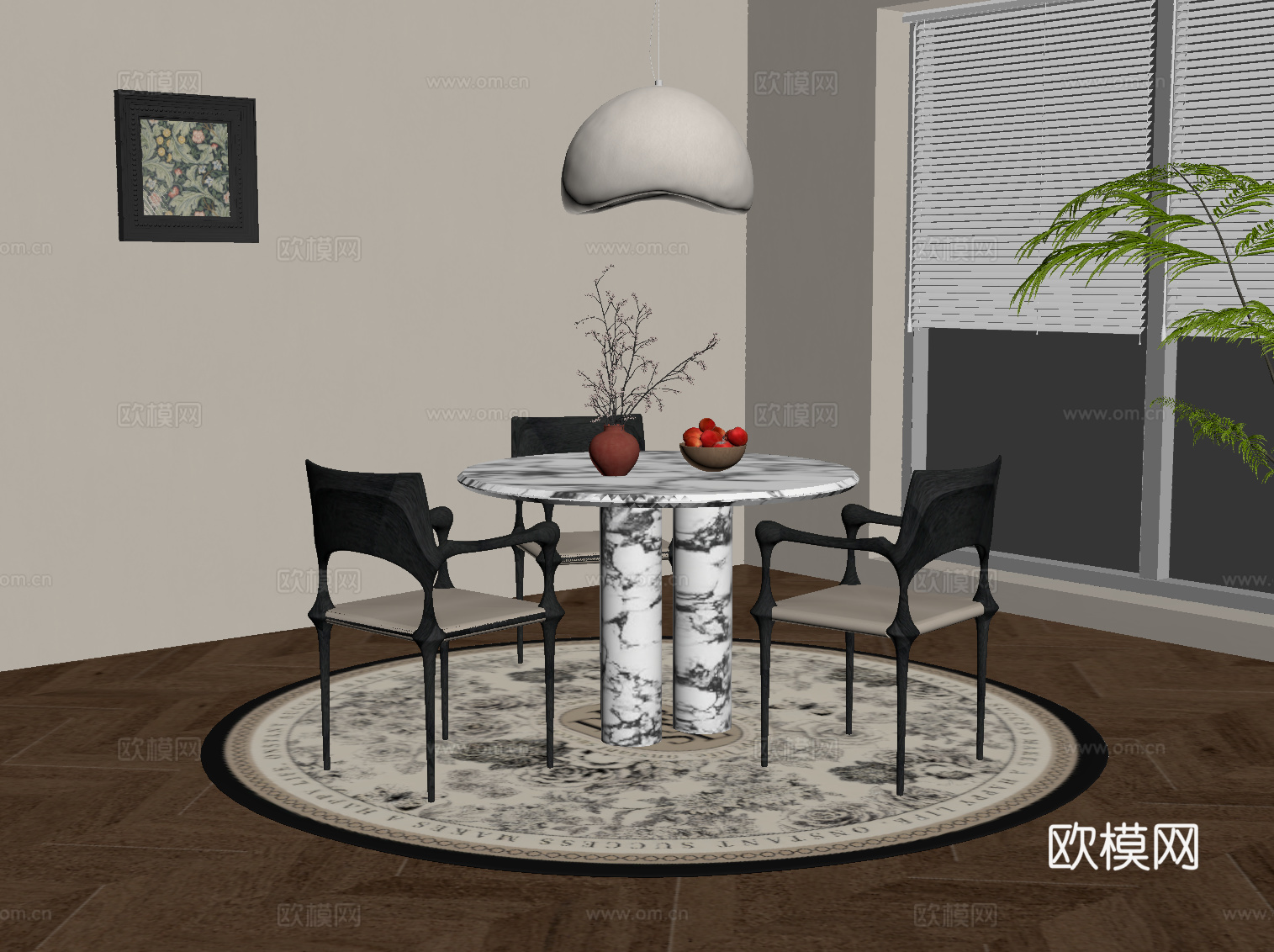 法式复古风餐桌椅 圆形餐桌椅su模型