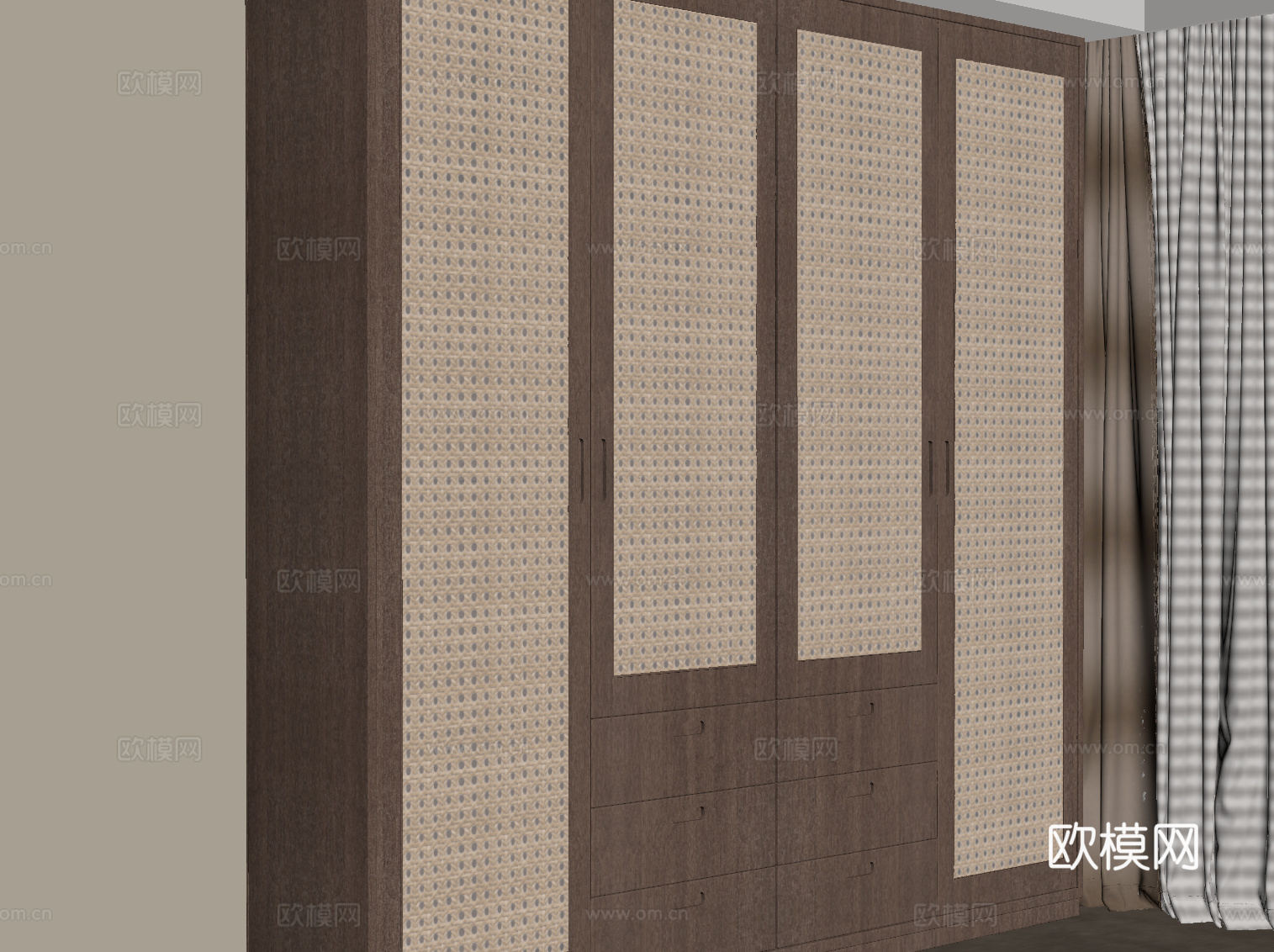 中古风衣柜 藤编柜门su模型
