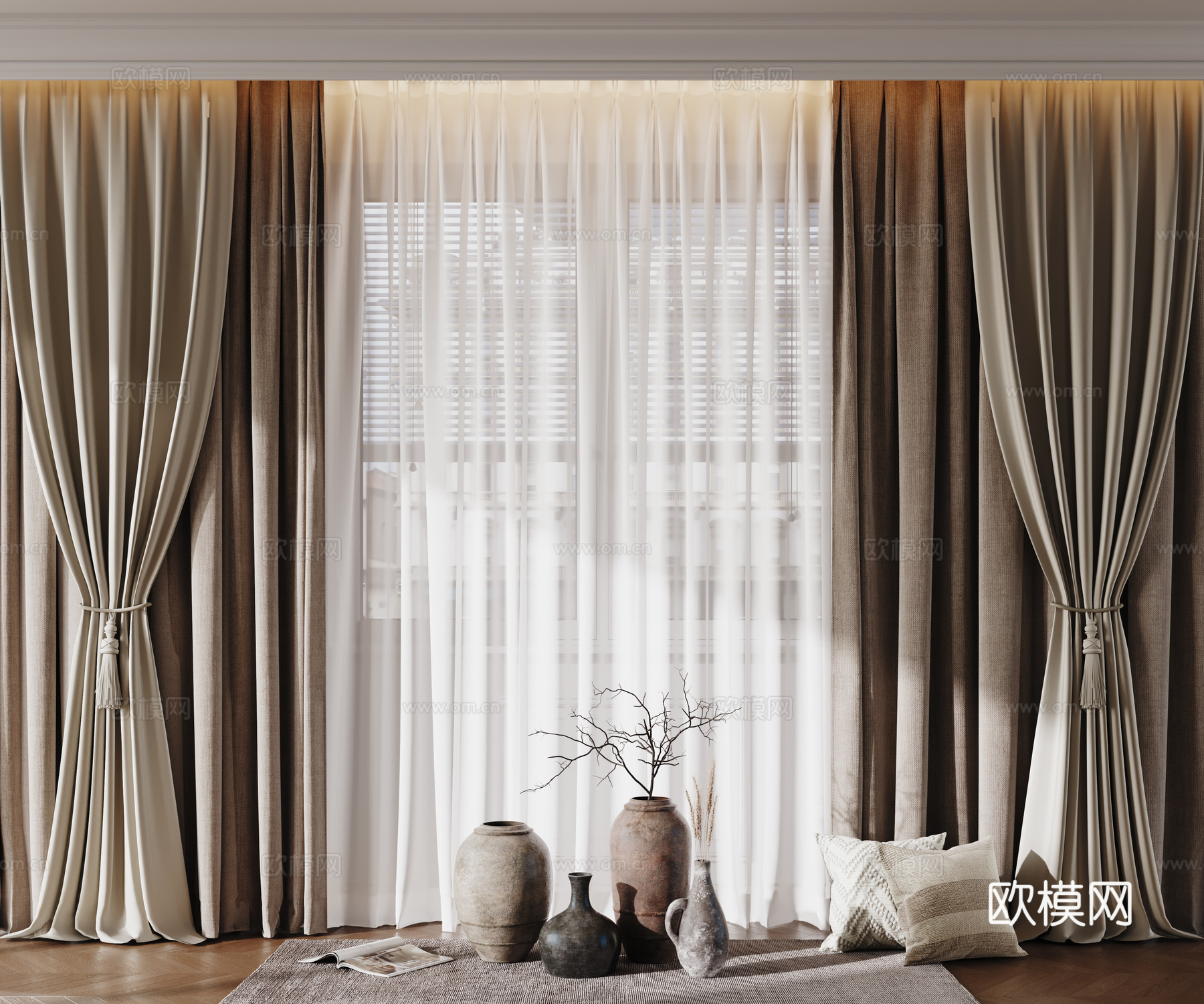 现代窗帘 纱帘 布艺窗帘su模型