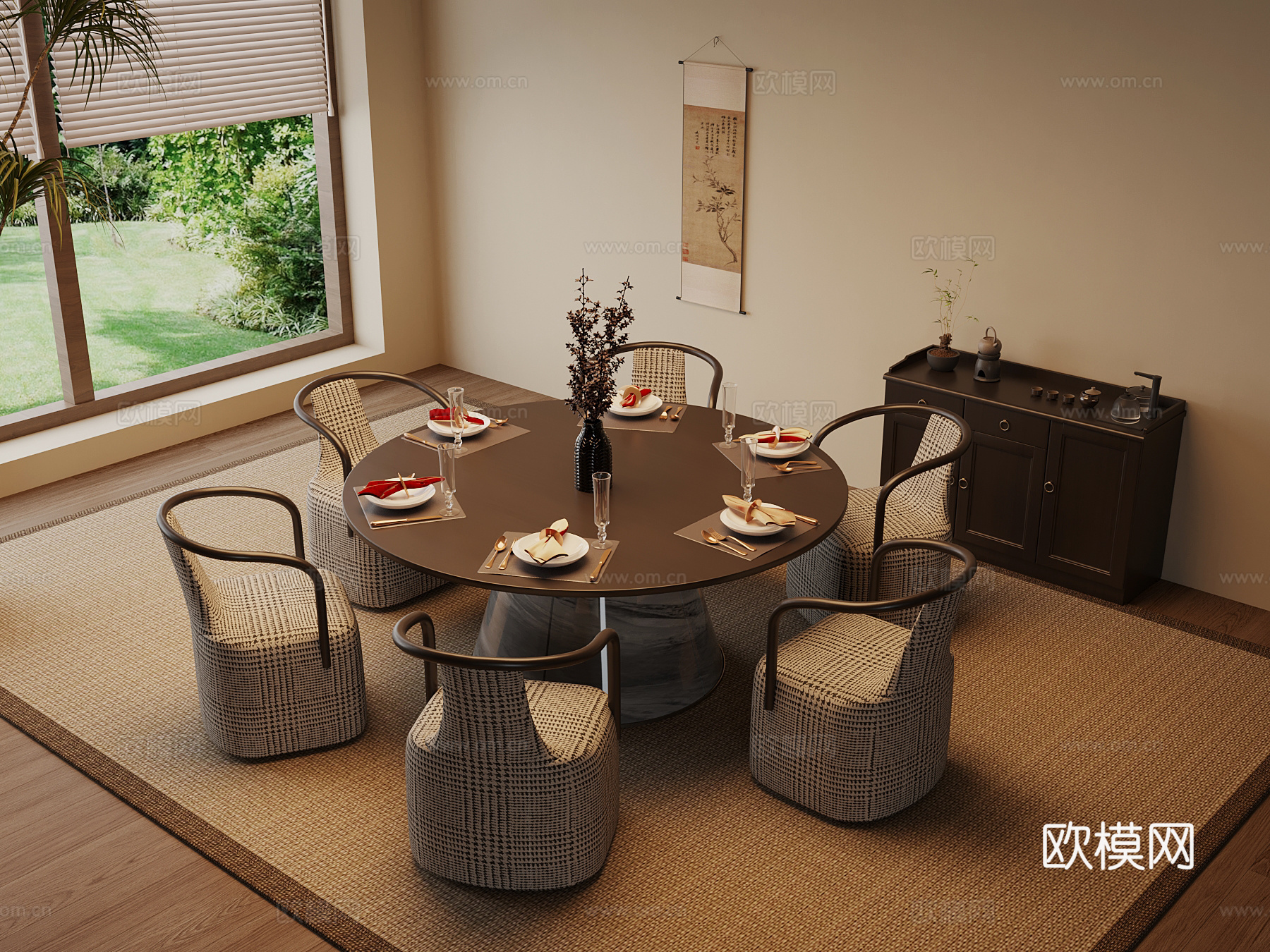 新中式餐桌椅 圆桌su模型