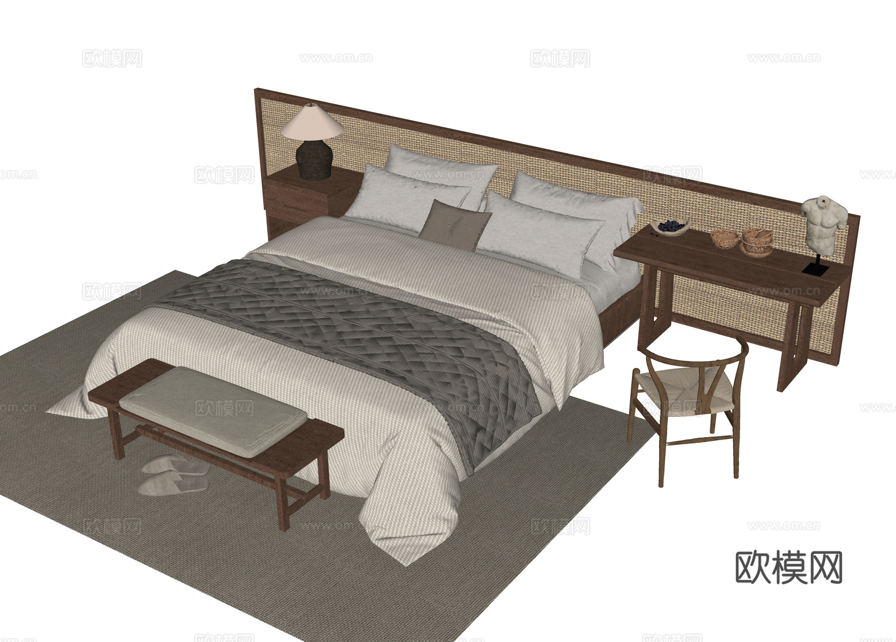 现代双人床 床尾凳su模型