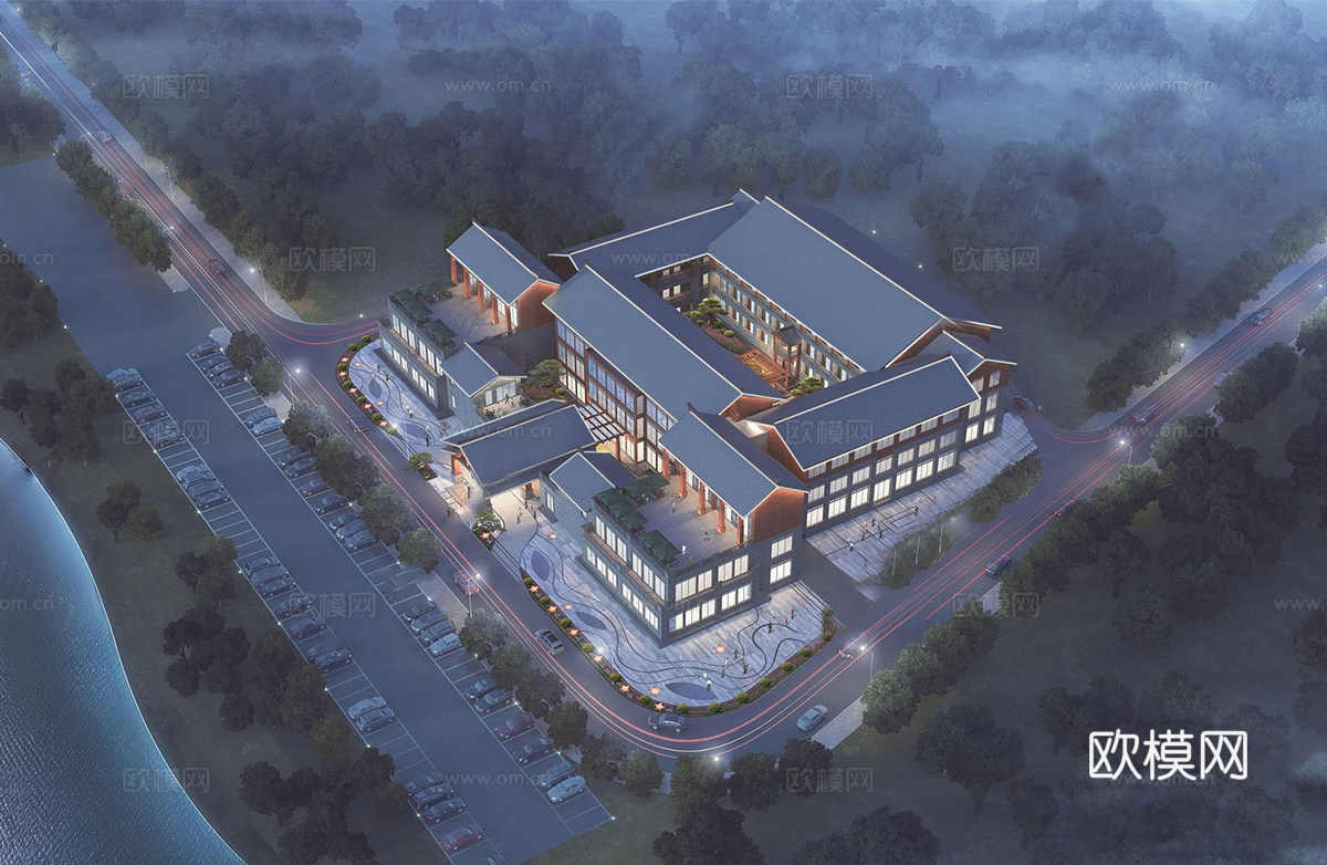 新中式度假酒店 酒店建筑  酒店民宿su模型