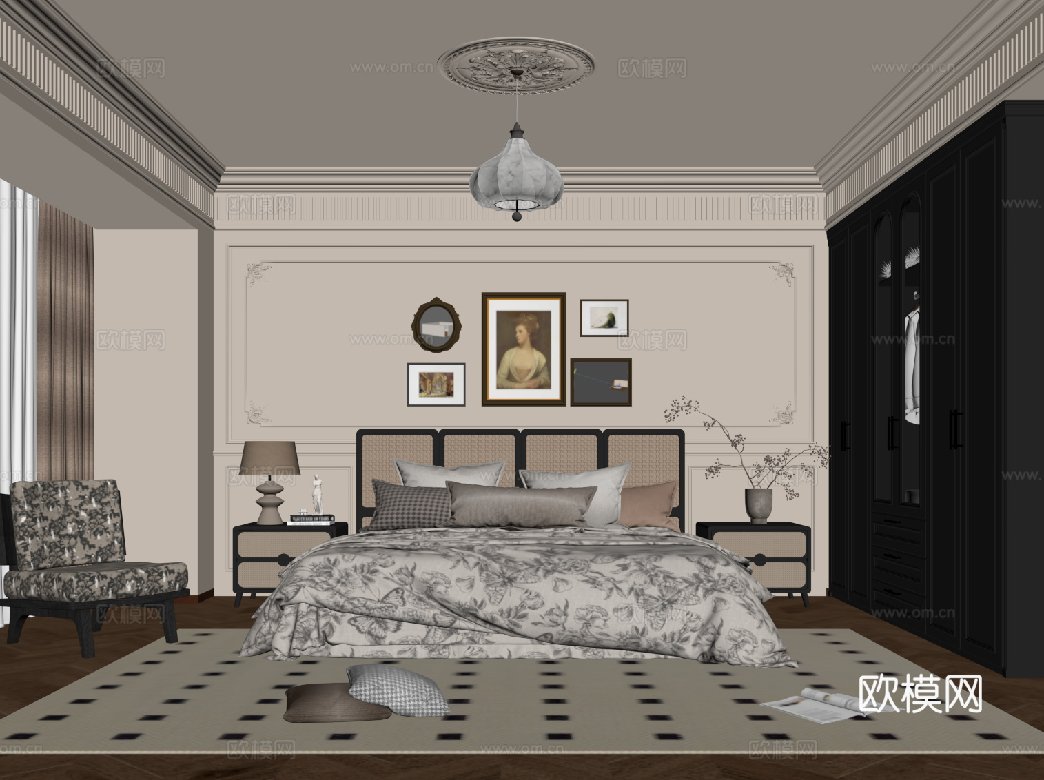 法式复古风卧室 衣柜 双人床 床头柜su模型