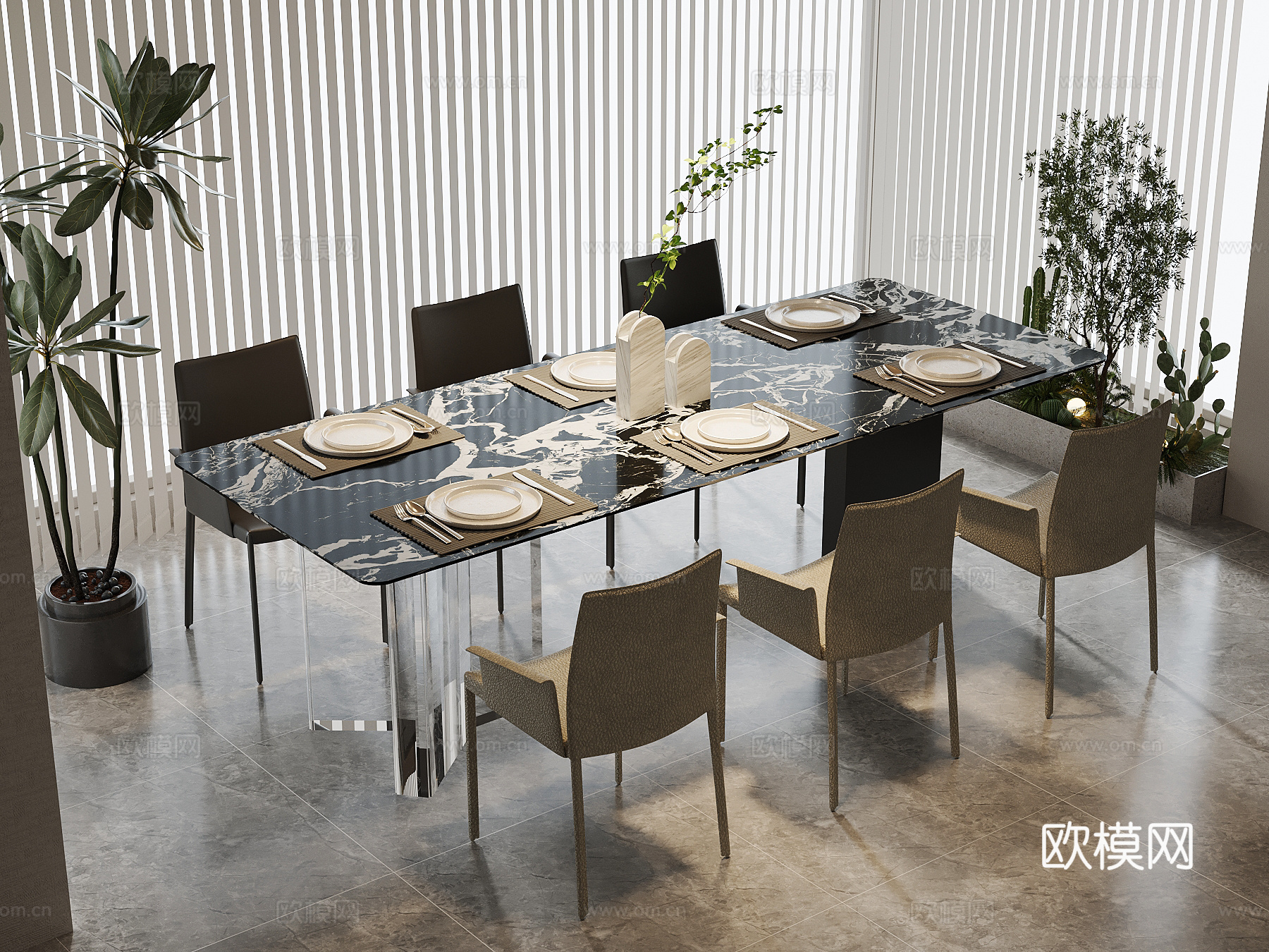 现代意式餐桌椅 条形餐桌su模型