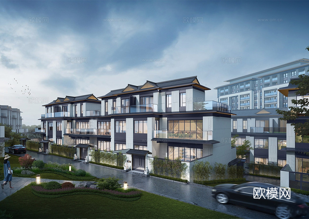 新中式联排别墅 斜顶su模型