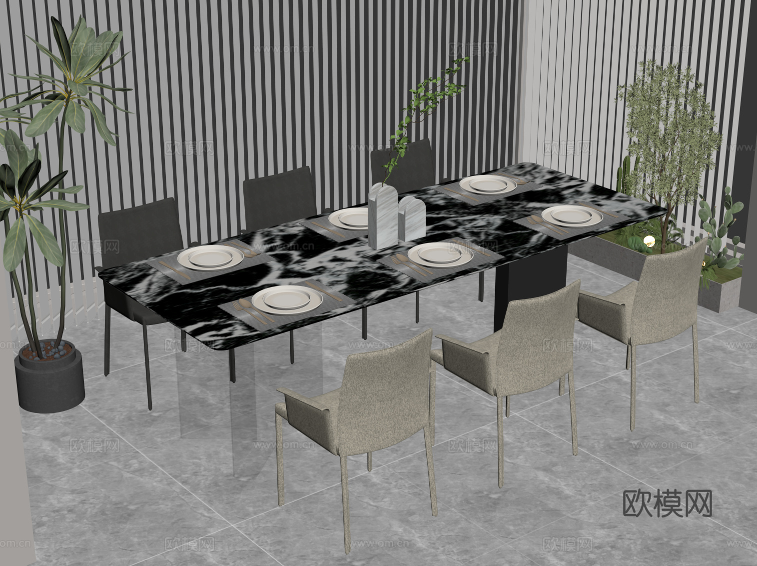 现代意式餐桌椅 条形餐桌su模型