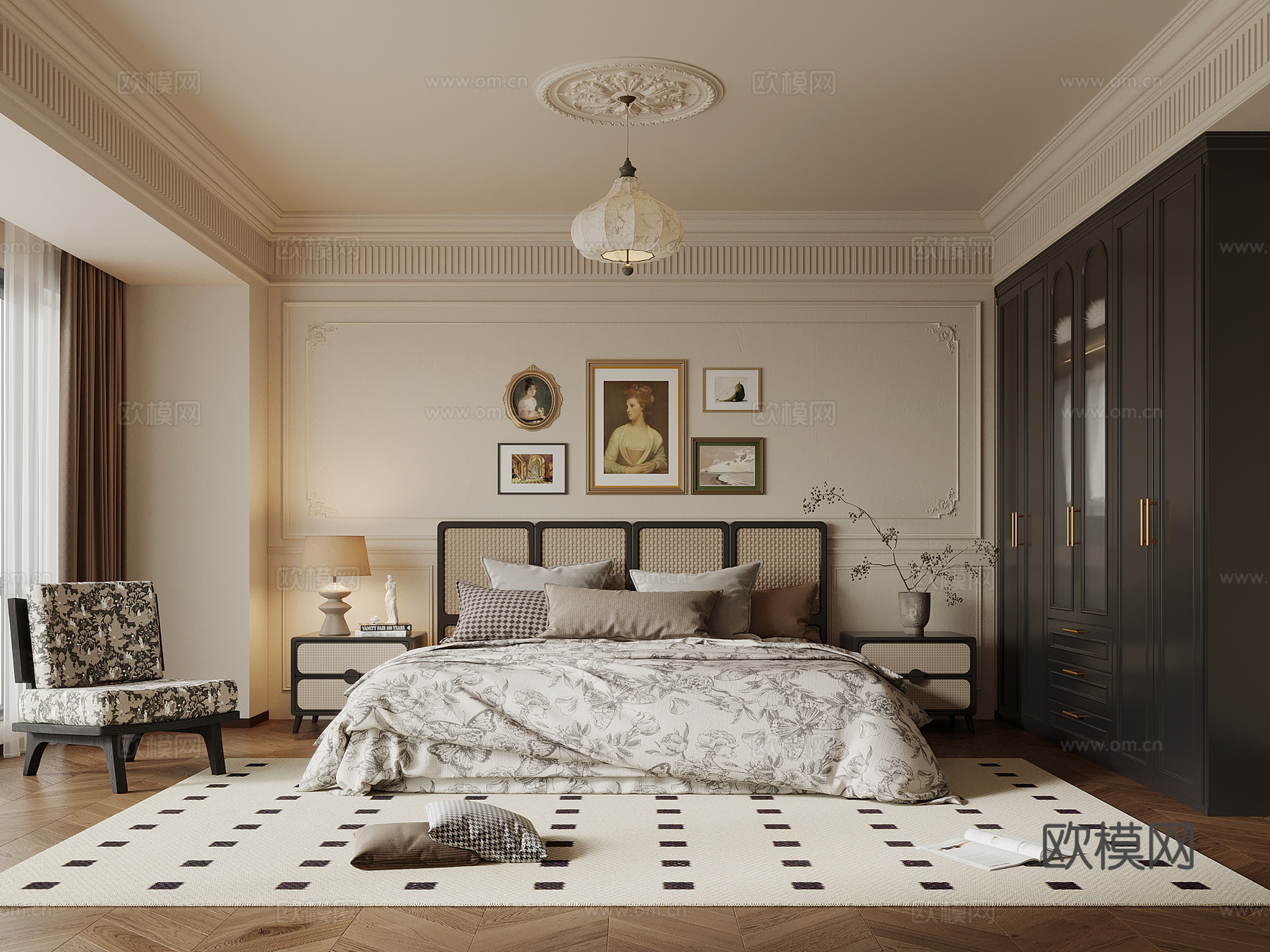 法式复古风卧室 衣柜 双人床 床头柜su模型