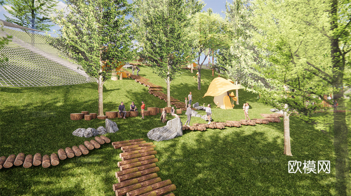 现代儿童游乐区 木质儿童乐园su模型