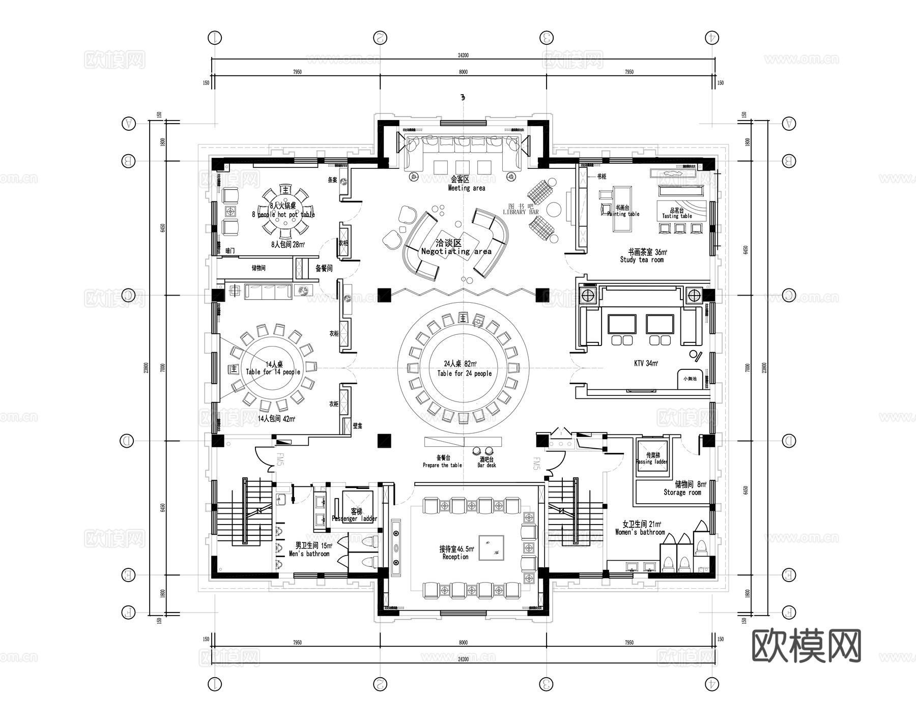 休闲接待会所平面图cad施工图
