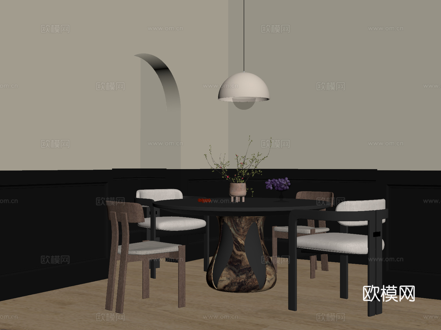 中古风餐桌椅 圆桌su模型