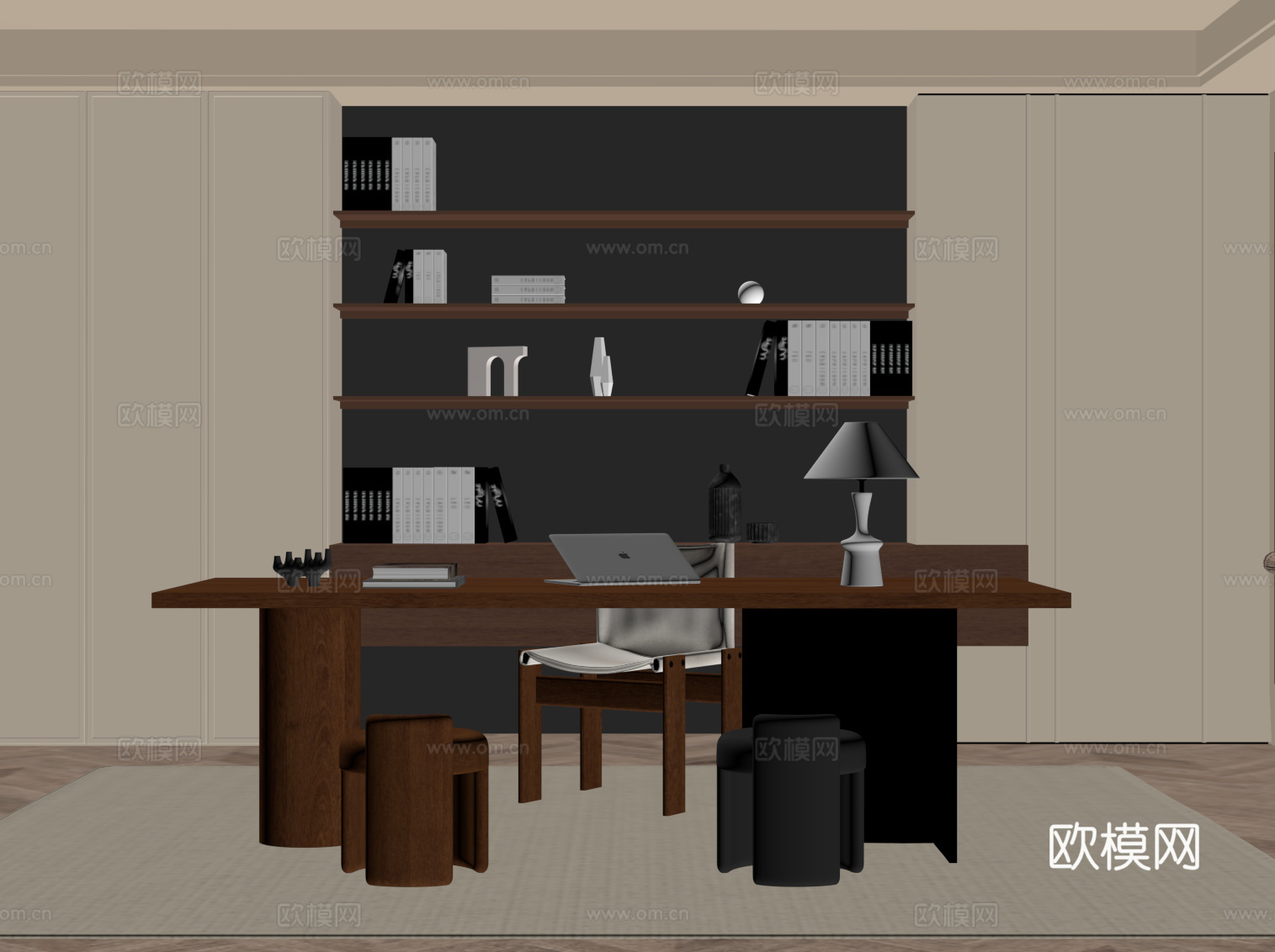 中古风书房 书柜 书桌椅 办公桌椅su模型