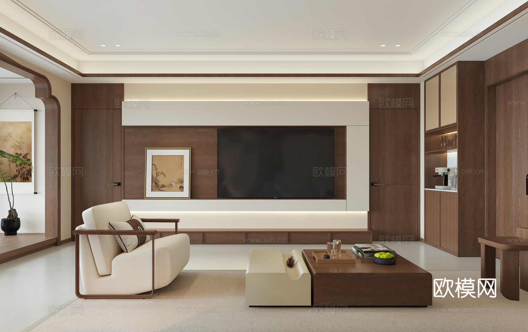 新中式宋氏客餐厅   电视背景    沙发背景    书房3d模型下载（渲染图1）