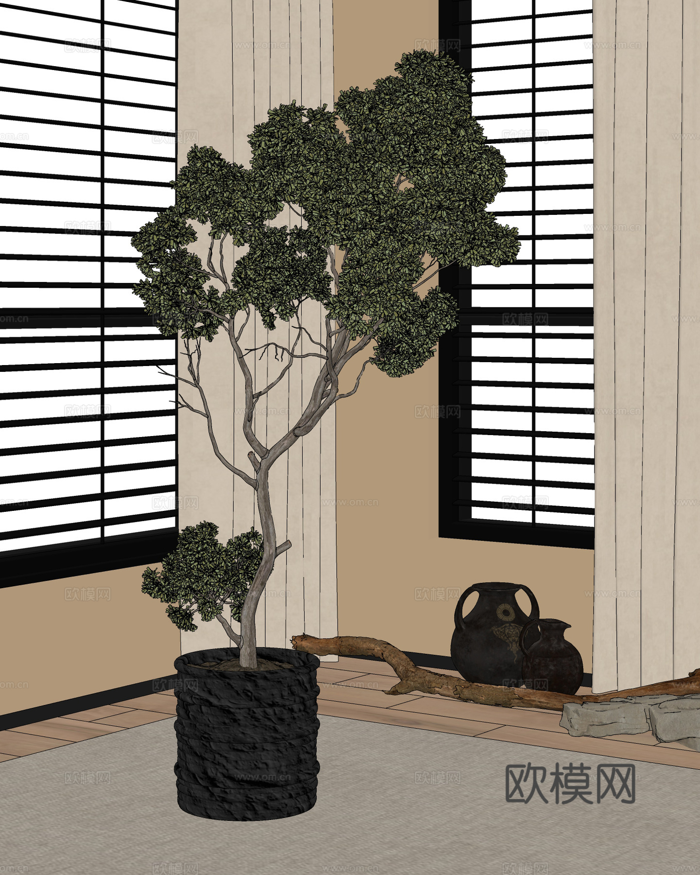 中古风盆栽盆景 植物 绿植 花盆su模型