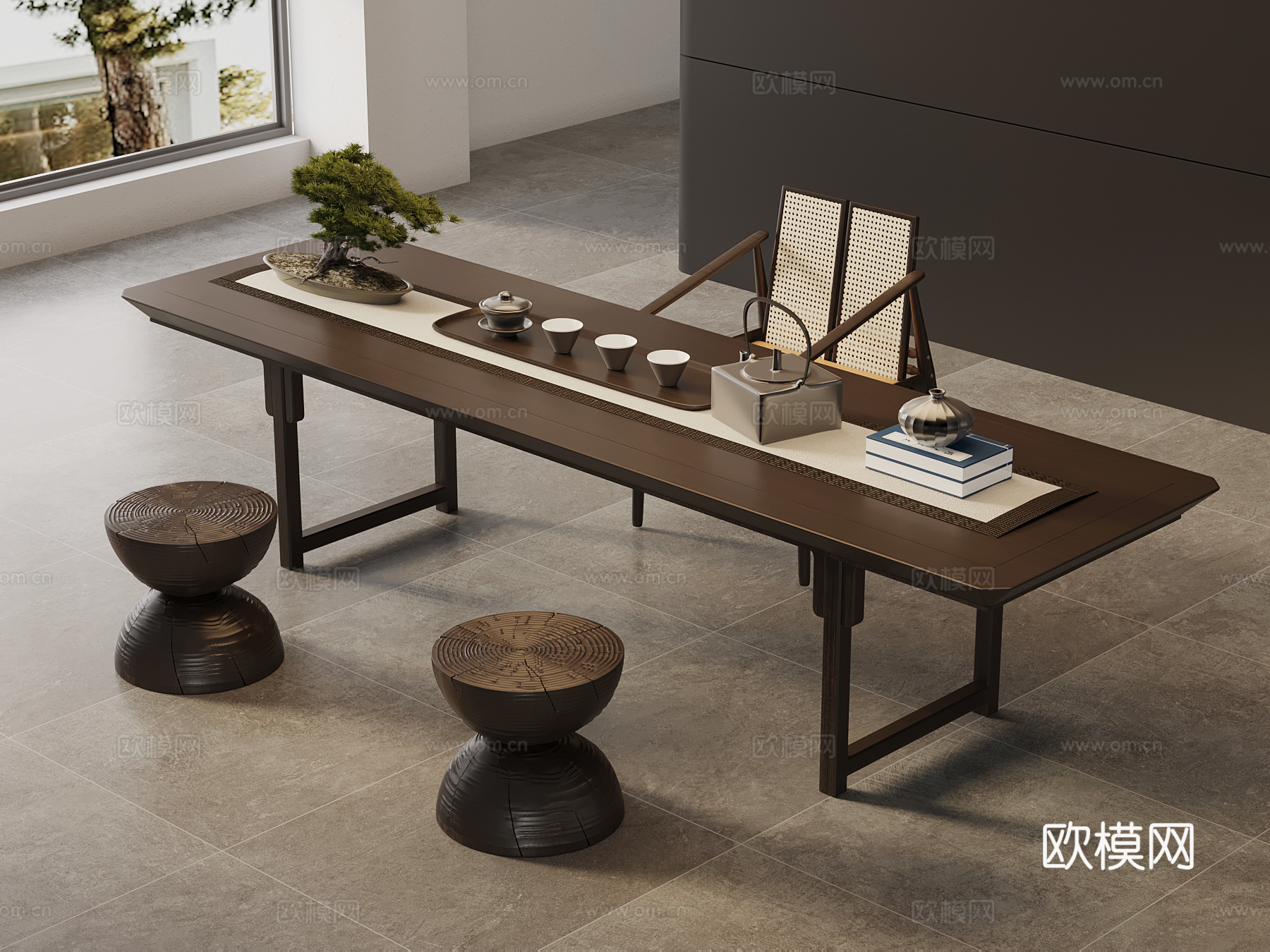 新中式茶桌椅 实木茶桌su模型