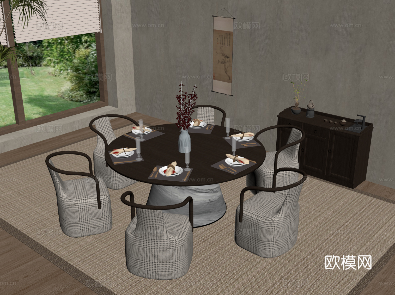 新中式餐桌椅 圆桌su模型