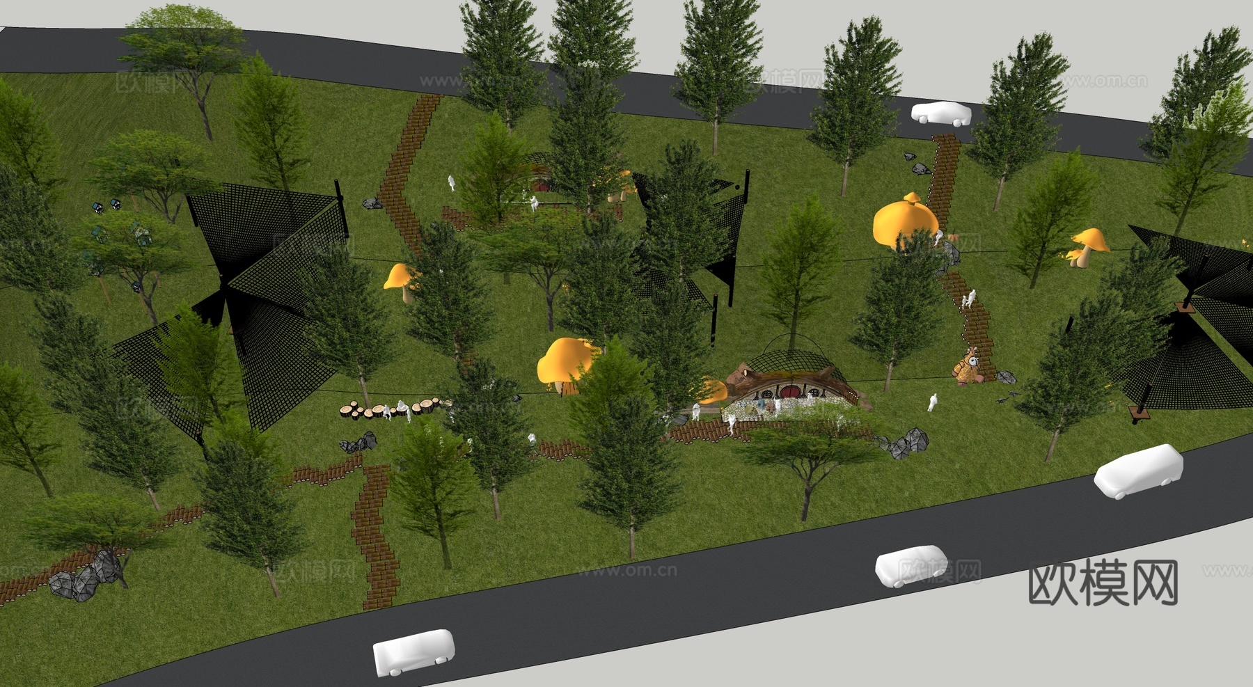 现代儿童游乐区 木质儿童乐园su模型