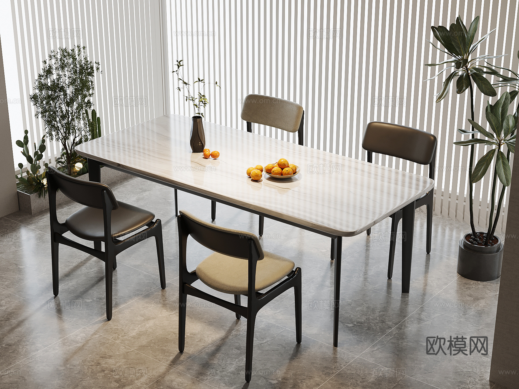 现代餐桌椅 条形餐桌su模型