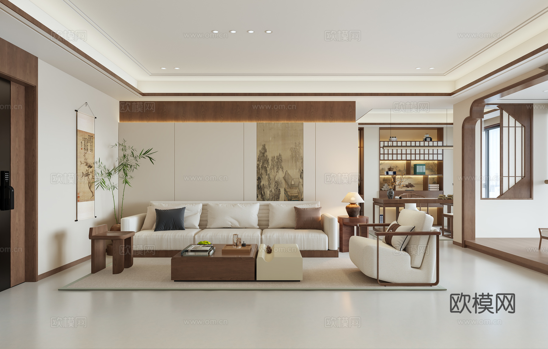 新中式宋氏客餐厅   电视背景    沙发背景    书房3d模型下载（渲染图2）