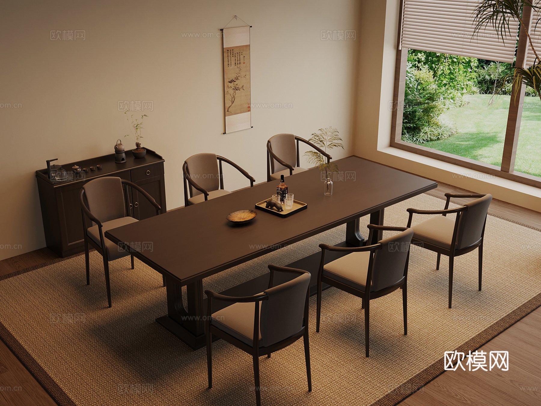 新中式餐桌椅 实木条形餐桌su模型