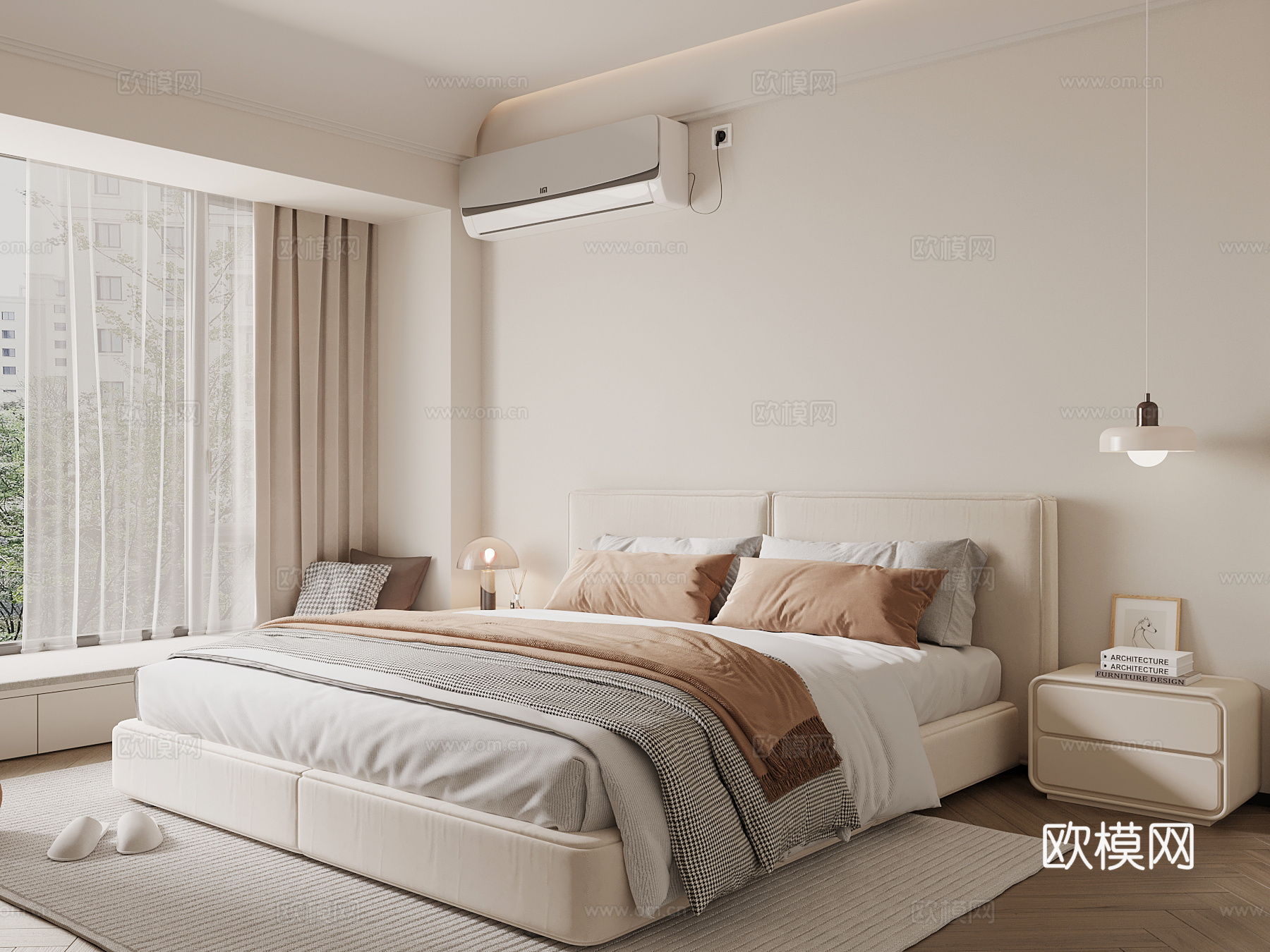现代卧室 双人床 飘窗台 床头柜su模型