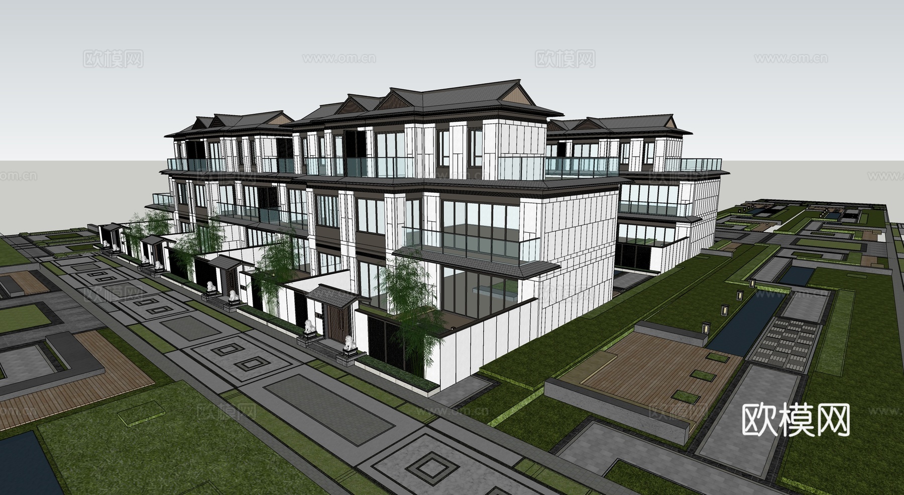 新中式联排别墅 斜顶su模型