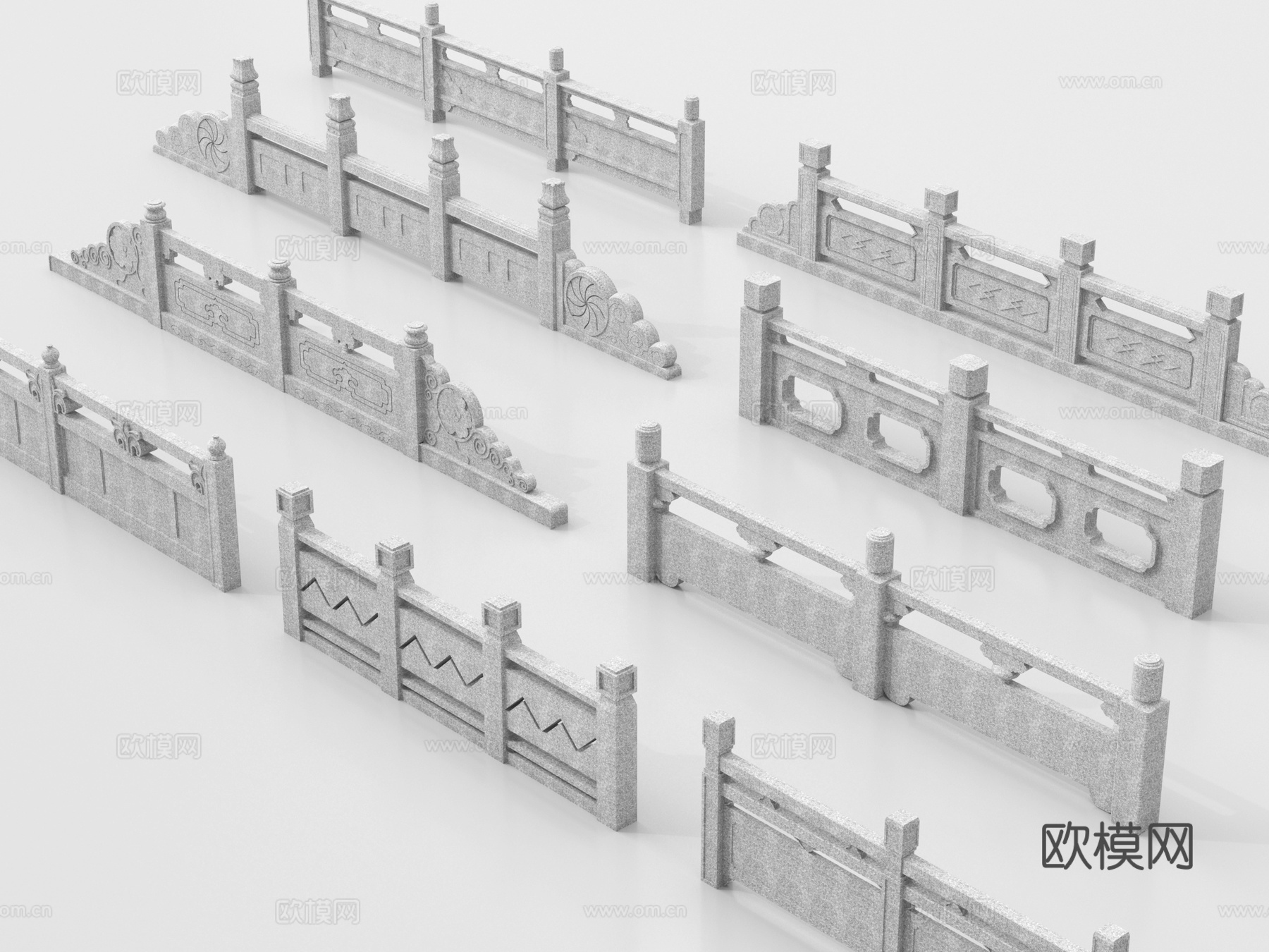 中式石材栏杆 护栏 围栏 雕花栏杆 石桥栏杆造型su模型