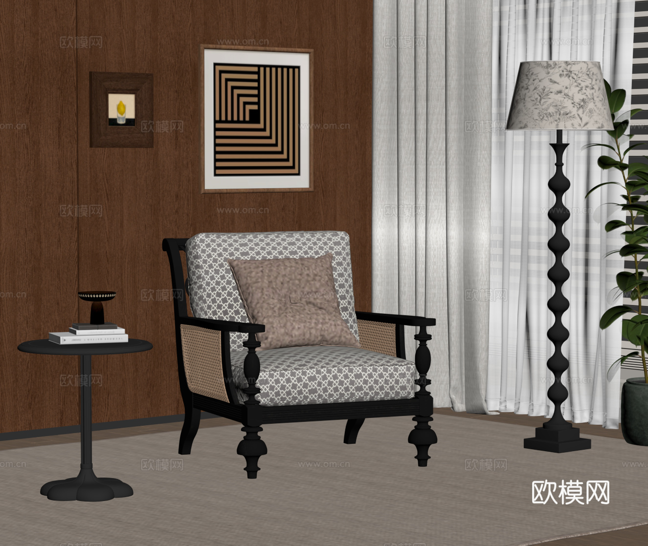法式复古风休闲椅 边几 落地灯su模型
