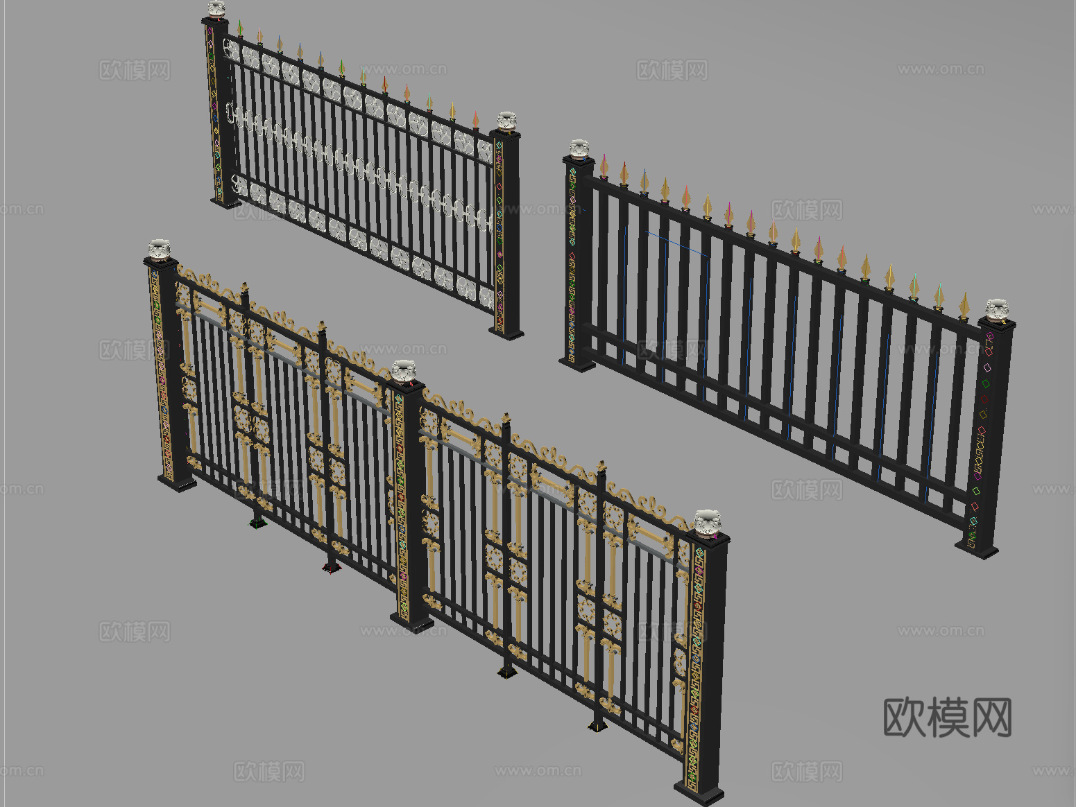 欧式围栏护栏 铁艺栏杆 扶手su模型