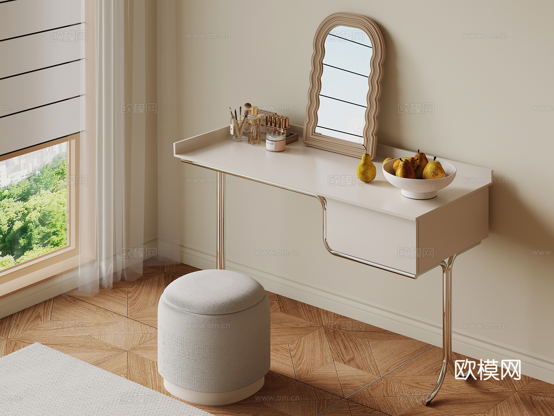 现代奶油风梳妆台su模型