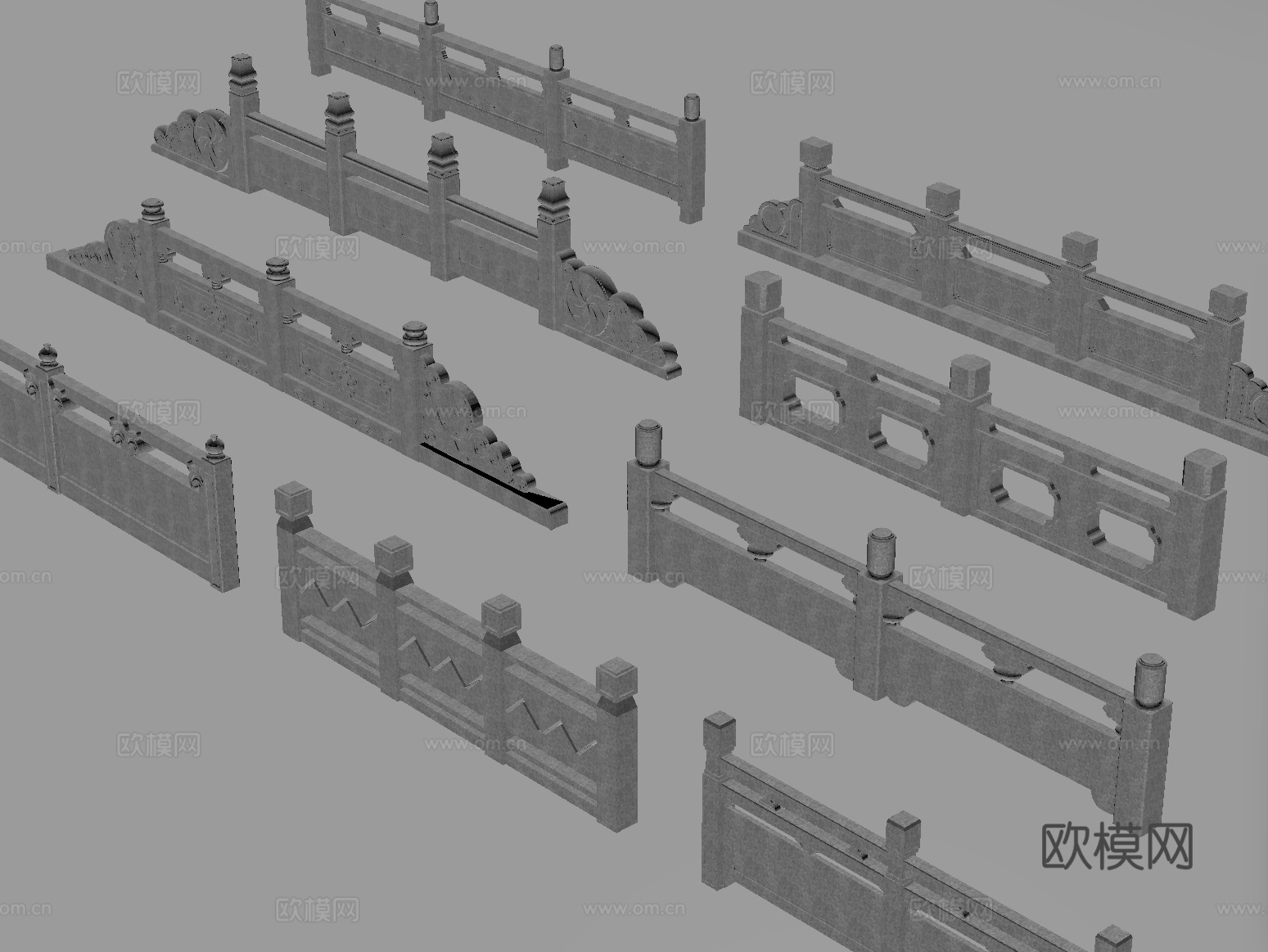 中式石材栏杆 护栏 围栏 雕花栏杆 石桥栏杆造型su模型