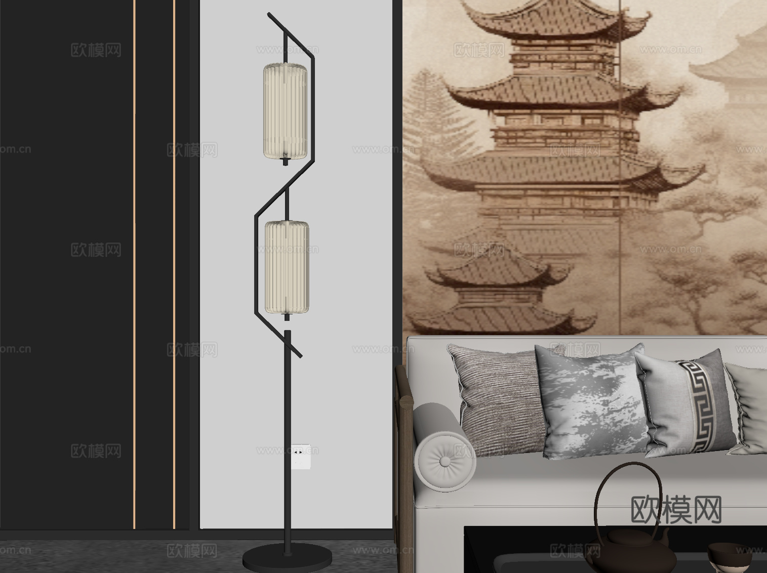 新中式落地灯su模型下载（渲染图2）
