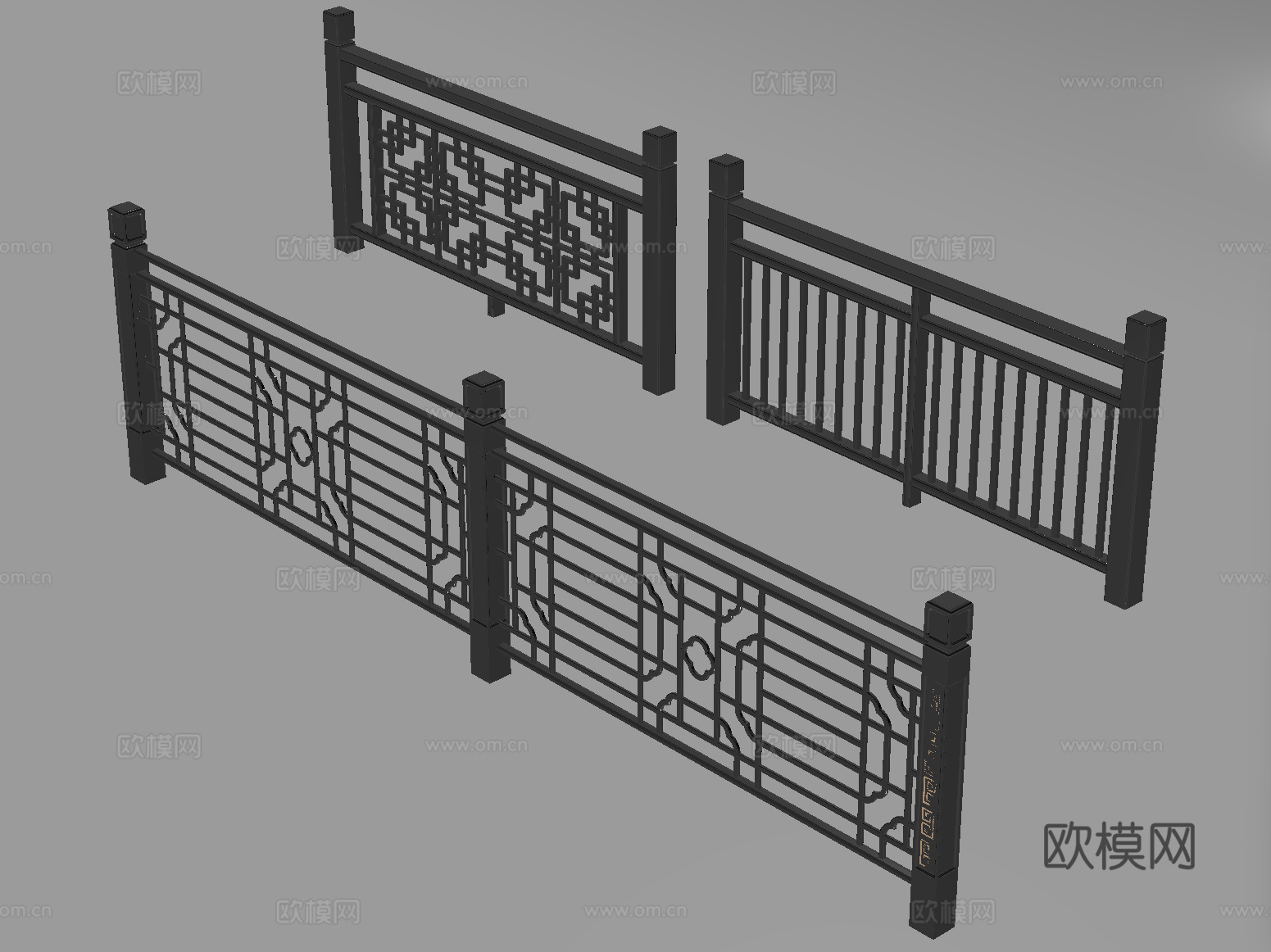新中式栏杆护栏 栅栏围栏 实木围栏护栏su模型