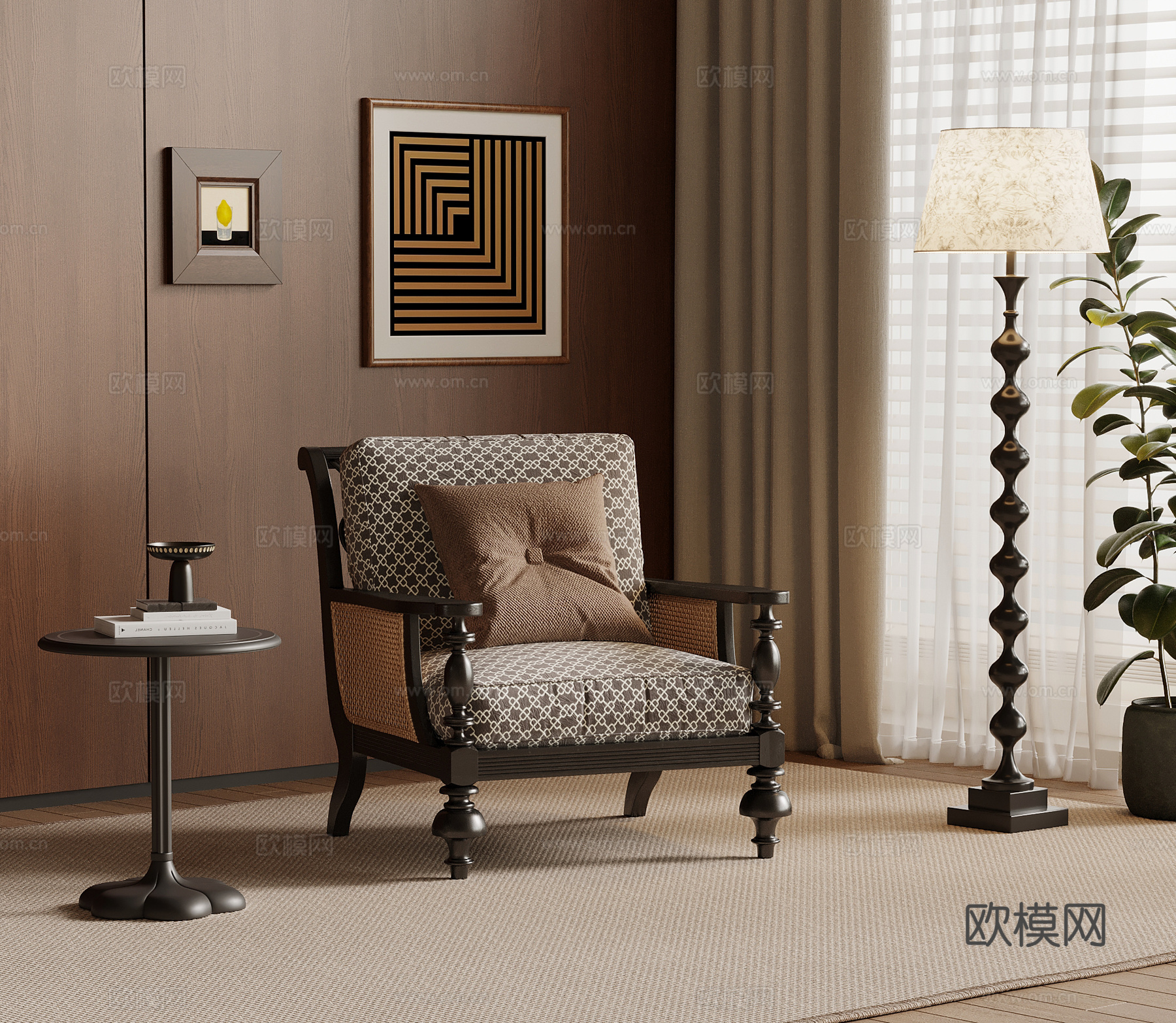 法式复古风休闲椅 边几 落地灯su模型