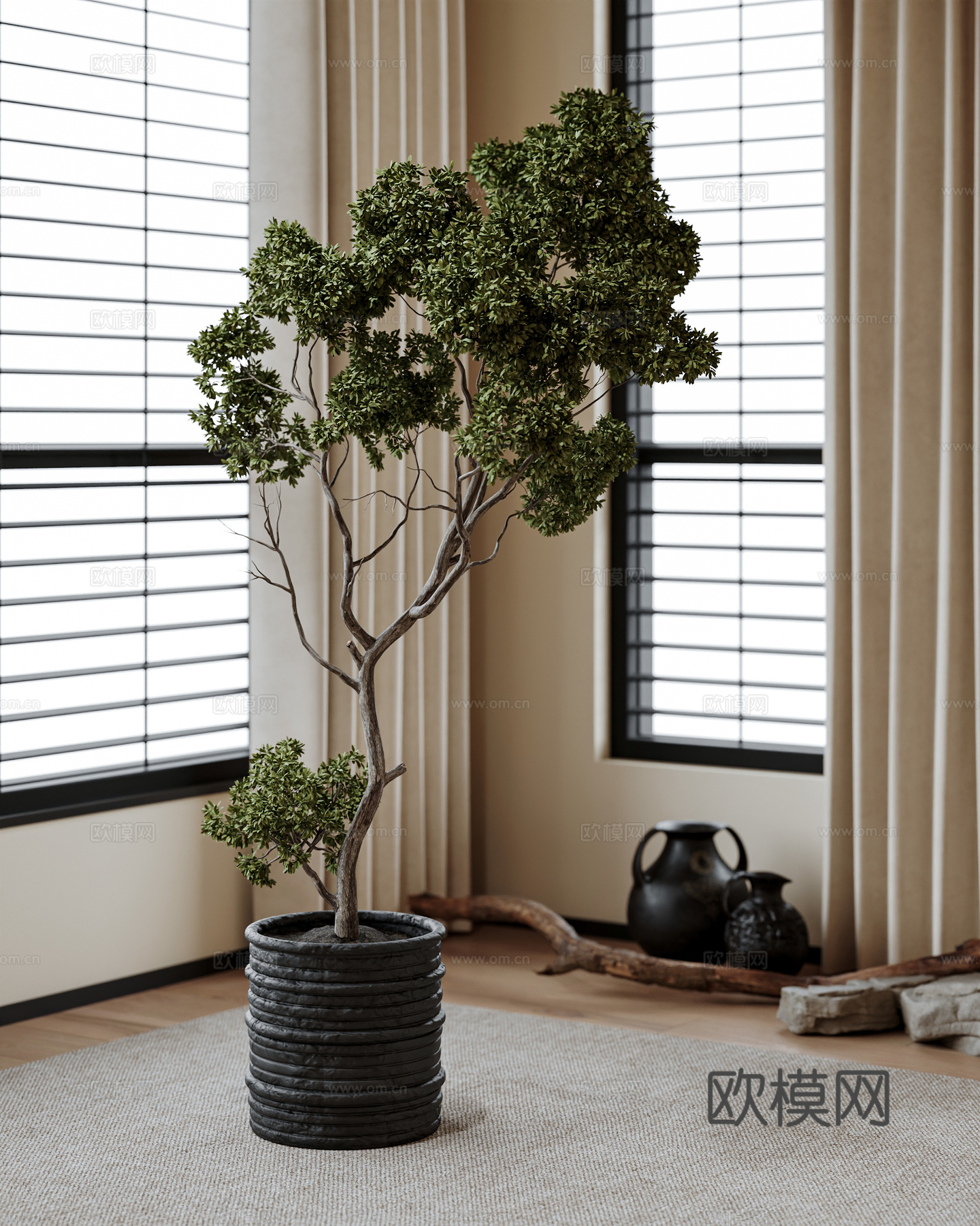 中古风盆栽盆景 植物 绿植 花盆su模型