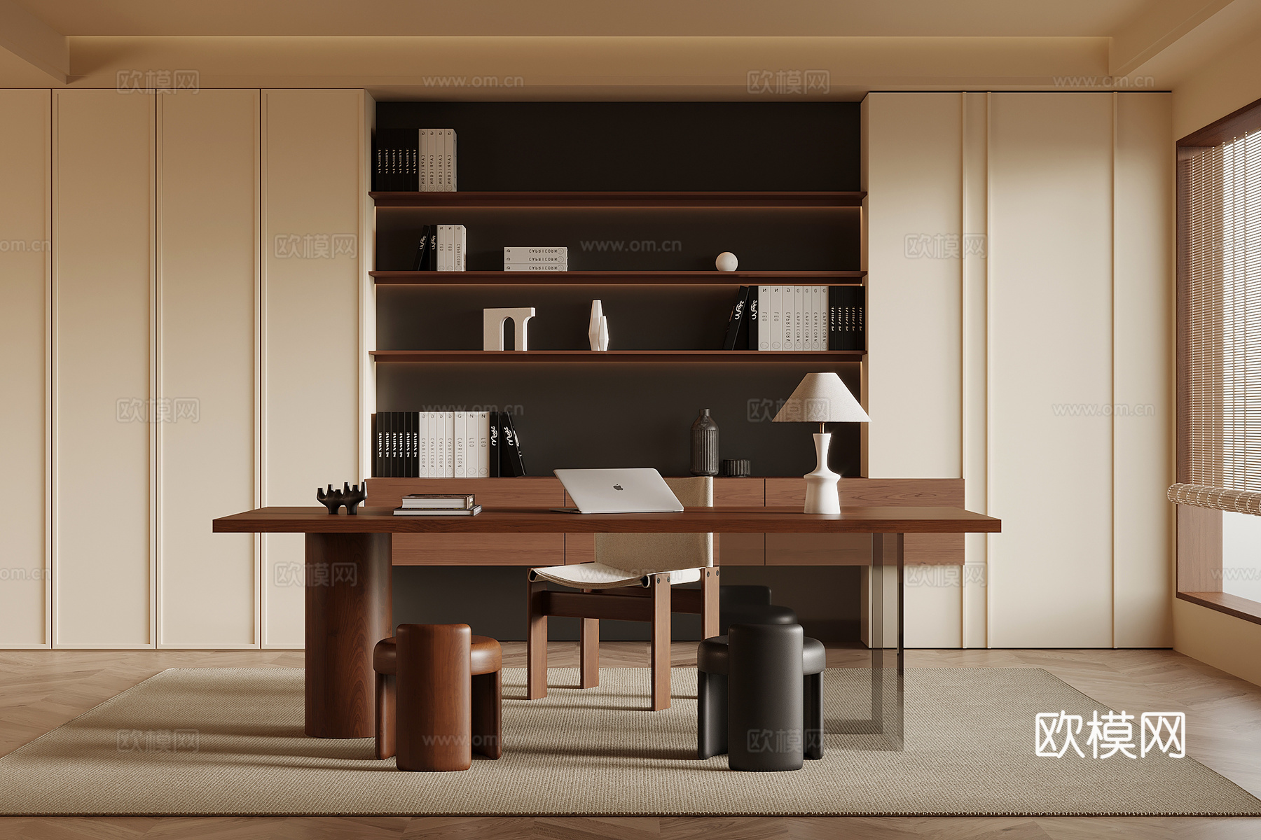 中古风书房 书柜 书桌椅 办公桌椅su模型