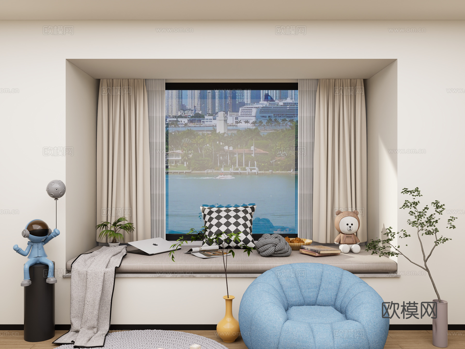 现代家居卧室飘窗 飘窗榻榻米 飘窗坐垫 卧室休闲飘窗su模型