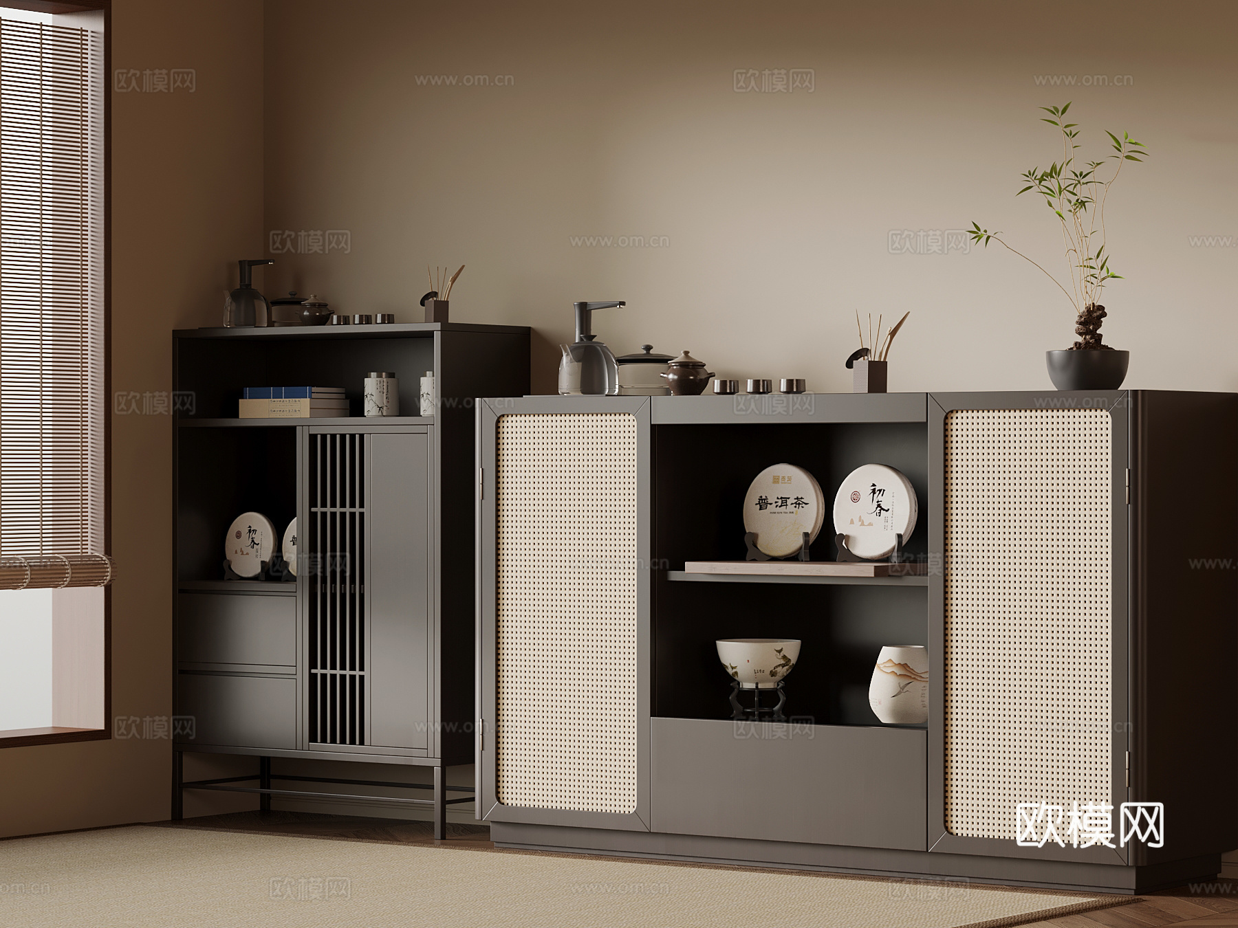 新中式茶柜 茶水柜 茶具su模型su模型