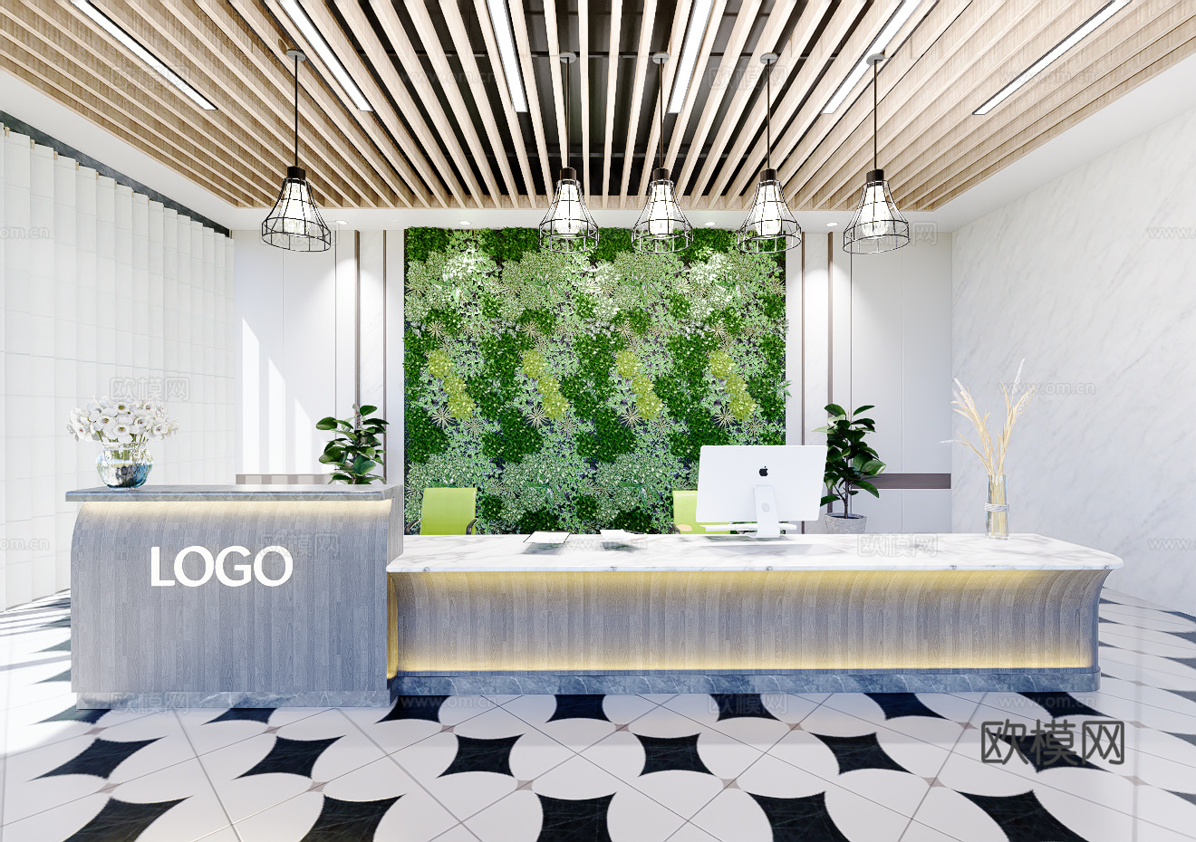 0047现代简约办公室前台接待台su模型下载（渲染图1）