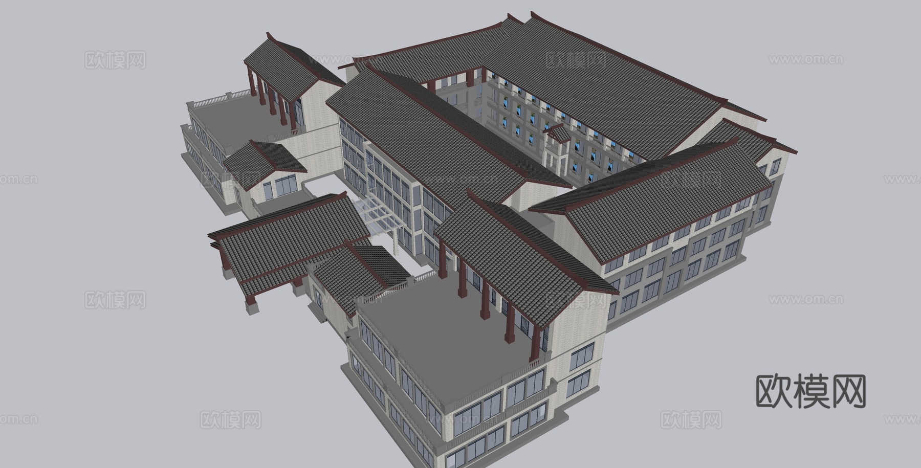 新中式度假酒店 酒店建筑  酒店民宿su模型
