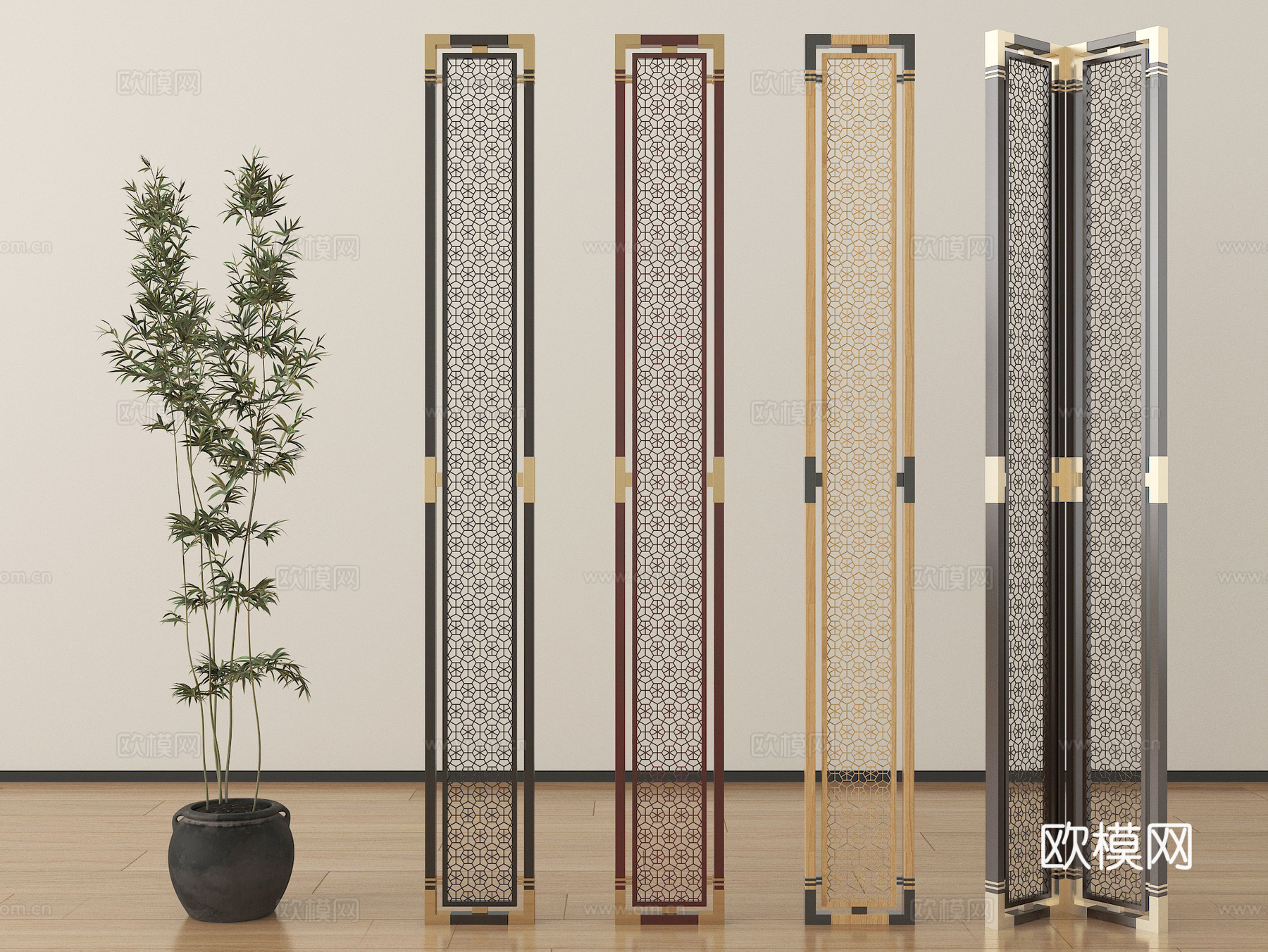 新中式轻奢屏风隔断 花格屏风 隔断金属su模型
